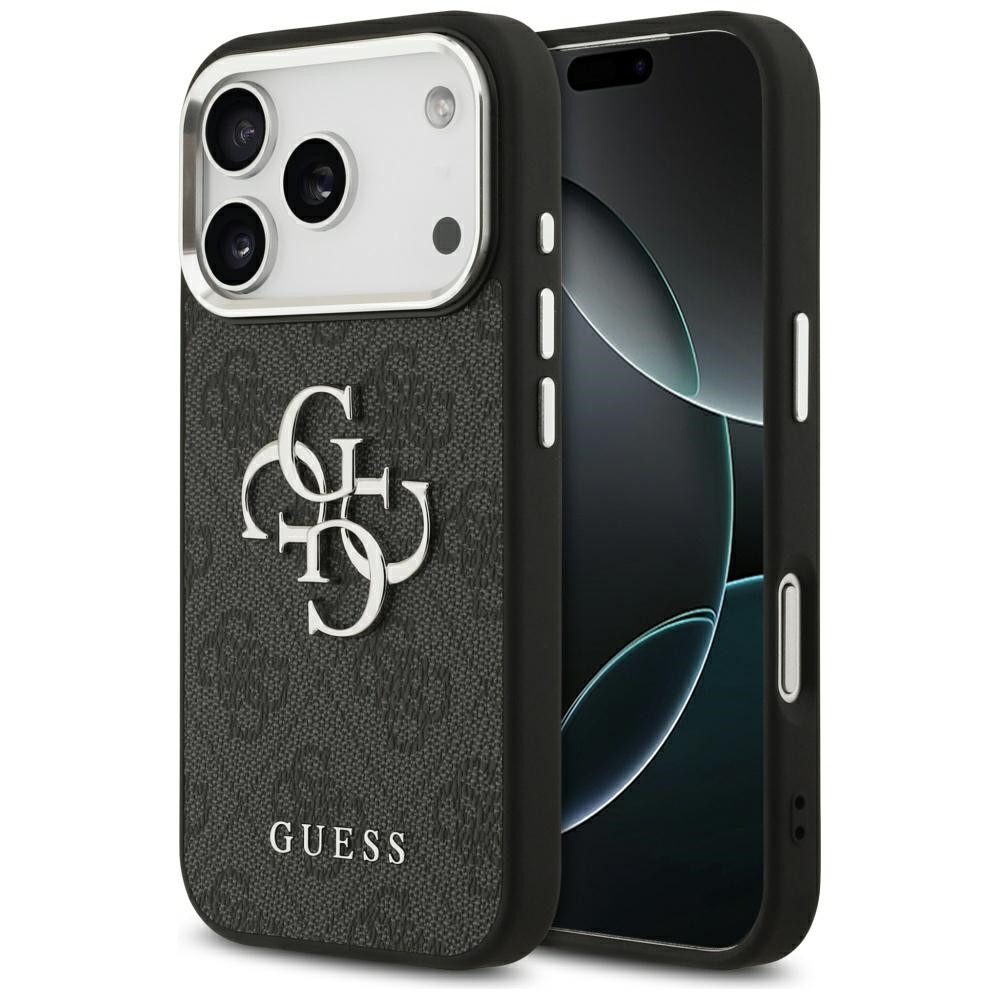 Guess Handyhülle iPhone 17 Pro Kunstleder grau Big Logo Metall silber 6,3 Zoll, Kantenschutz