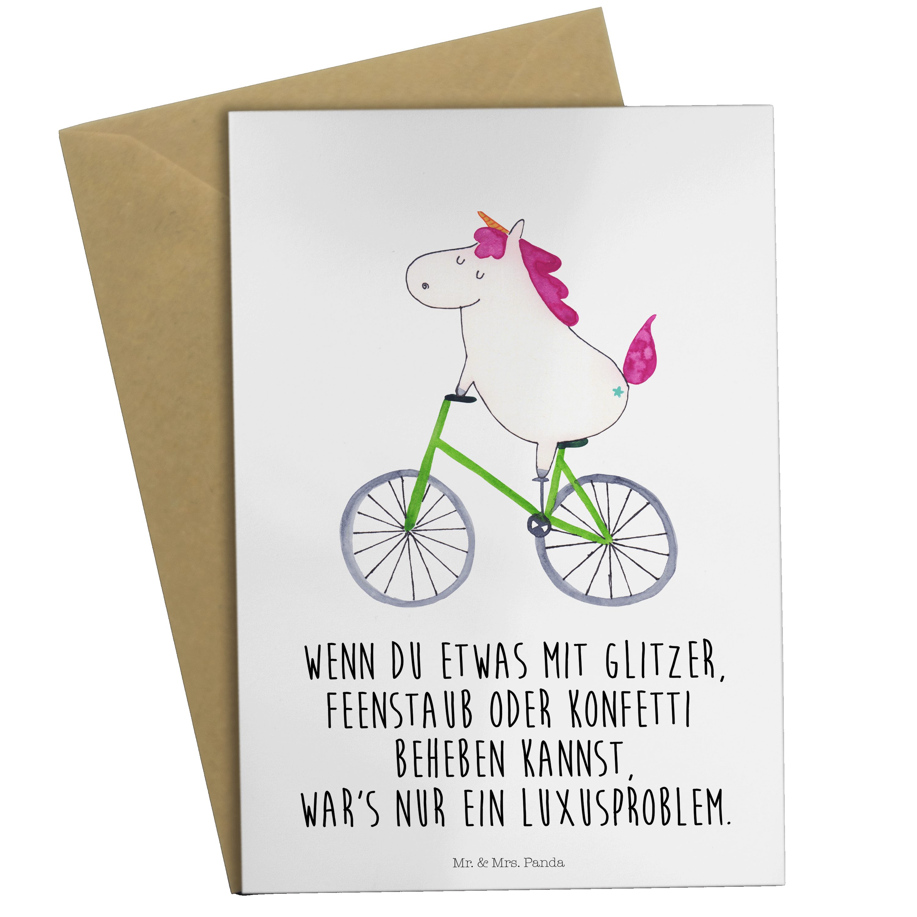 Mr. & Mrs. Panda Grußkarte Einhorn Radfahrer - Weiß - Geschenk, Einladungskarte, Einhörner, Hoch