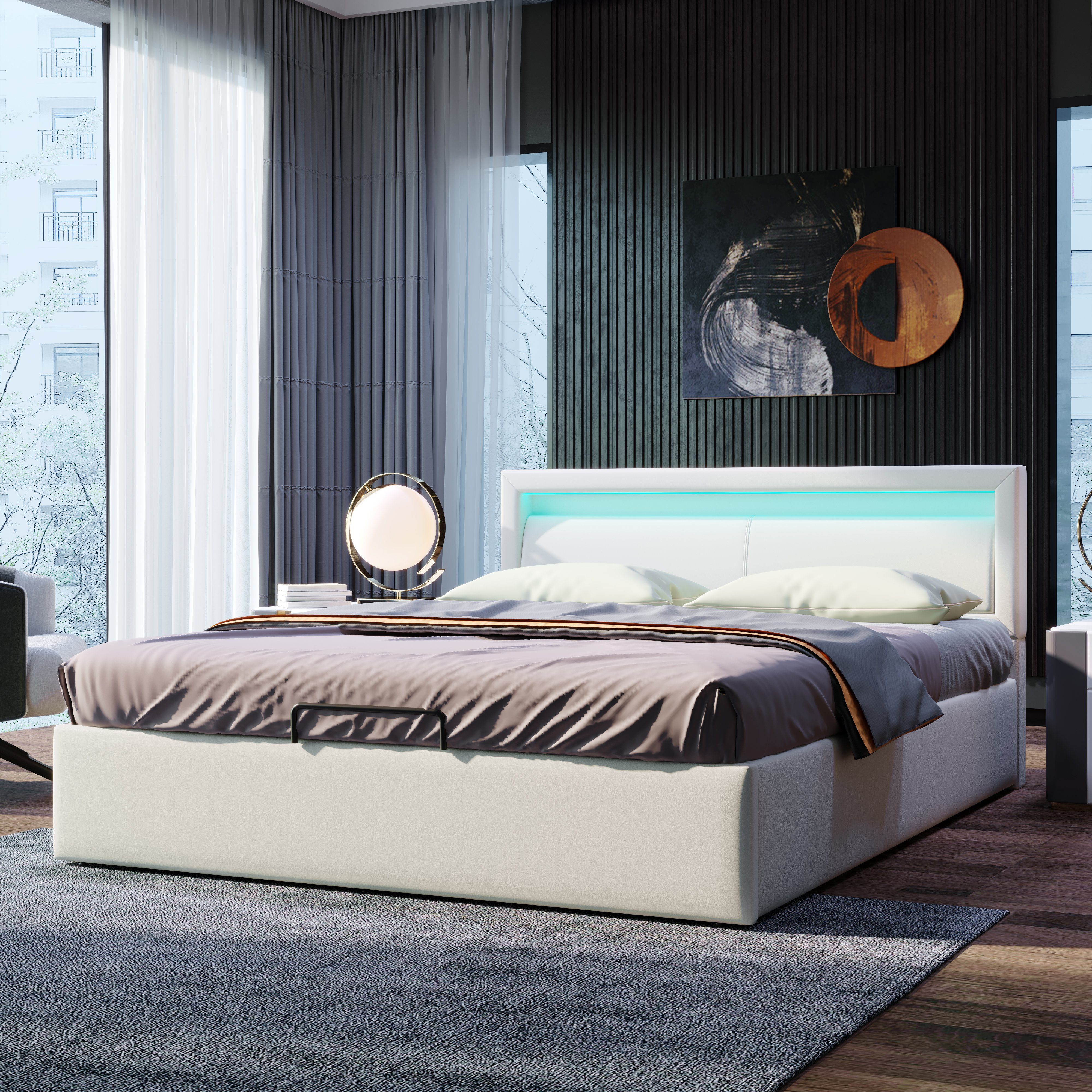 MODFU Polsterbett 140*200cm LED-Bett,mit Lattenrost und Stauraum, mit beleuchtetem, mit beleuchtetem Kopfteil in diversen Farben