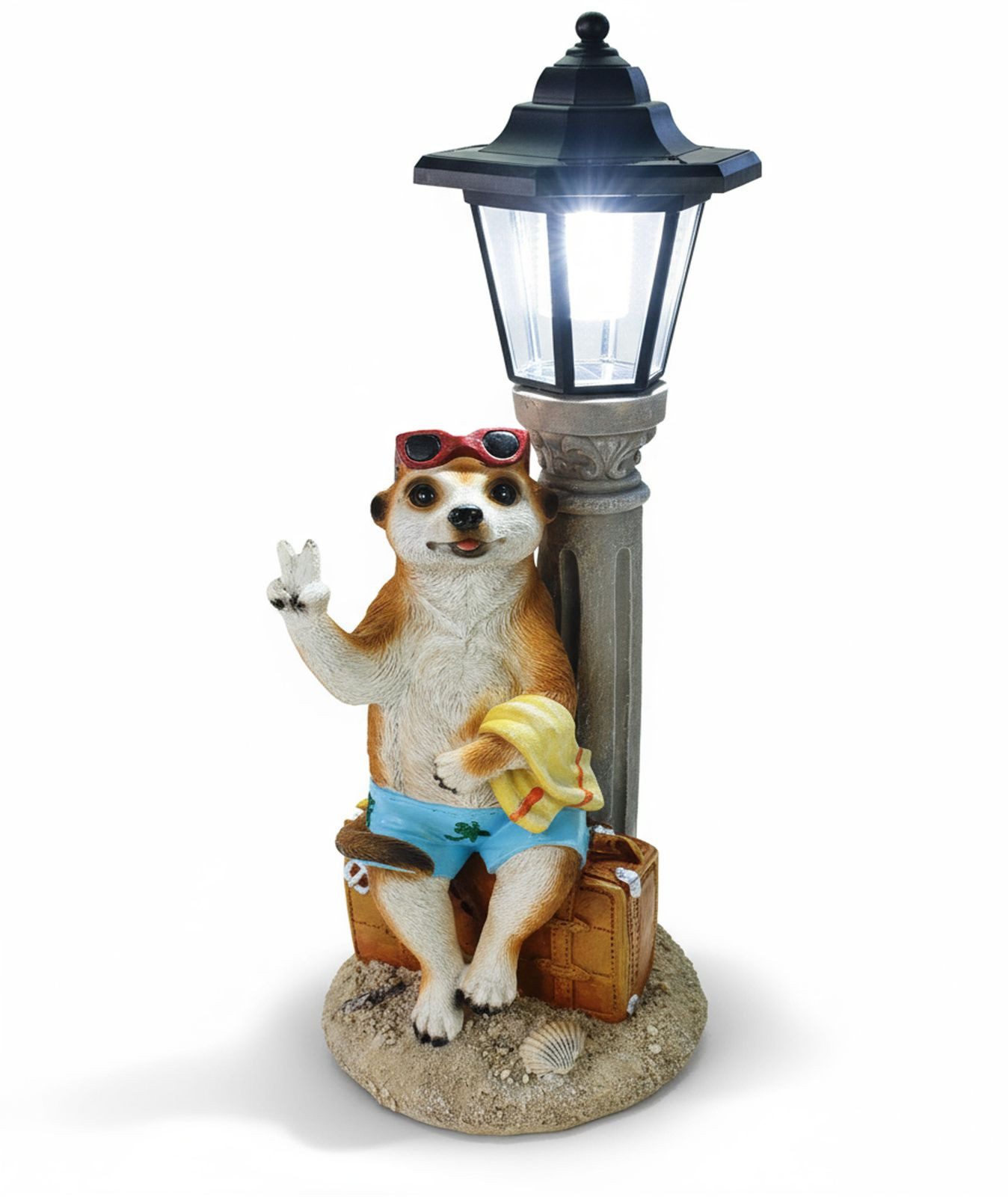 Kremers Schatzkiste Gartenfigur Erdmännchen Urlauber mit Solarlaterne Figur Gartenfigur 51 cm Garten