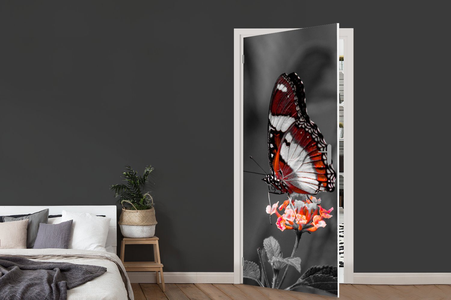 Matt, Tiere Schmetterling (1 - Türtapete MuchoWow cm und - weiß bedruckt, - Fototapete Orange, Schwarz - 75x205 St), Tür, Blumen Türaufkleber, für