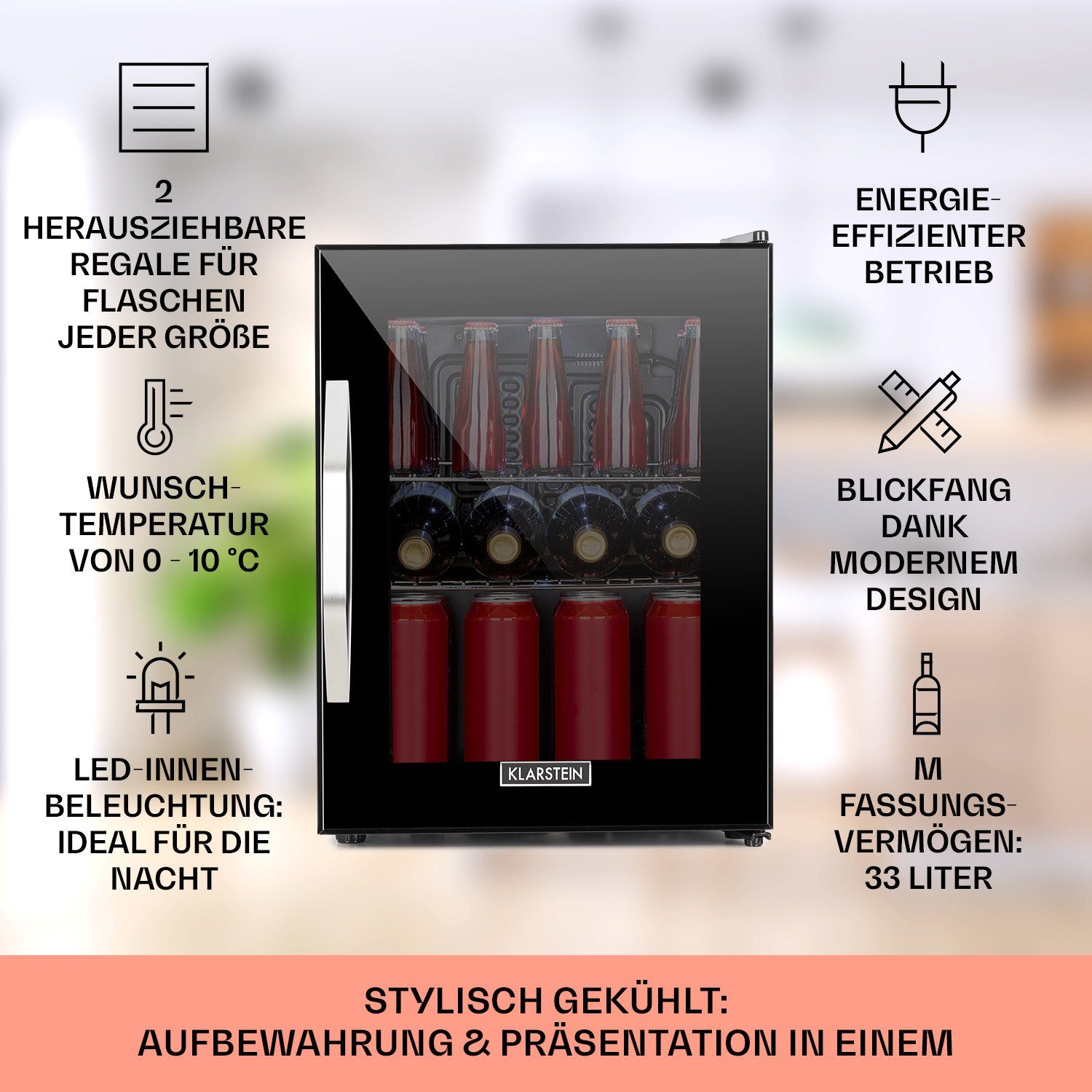 Klarstein Getränkekühlschrank Beersafe M Onyx Getränkekühlschrank 33 L Glastür schwarz 10034847, 55 cm hoch, 40.2 cm breit, Mini Kühlschrank ohne Gefrierfach kl – Bild 3 von 5