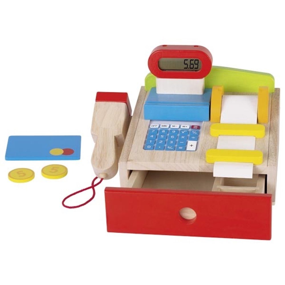 goki Kaufladensortiment Kaufmannsladenkasse Holzkasse Kaufladen, (Set, 5-tlg., 1), mit funktionsfähigem Taschenrechner