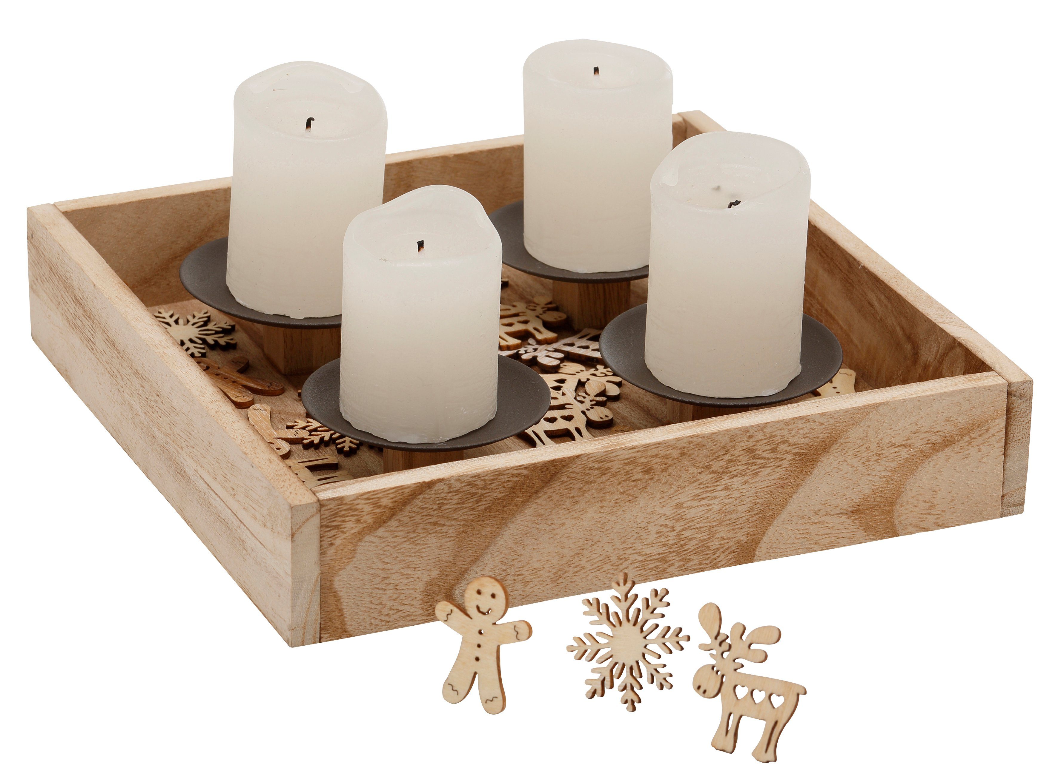 Home affaire Adventsleuchter 24 St), Streudekofiguren, Ennsling (1 Tablett Weihnachtsdeko Holz aus Metall, mit Kerzenhaltern 25x25 und Kerzenhalter cm mit 4