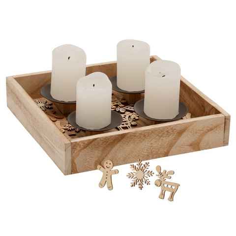 Home affaire Adventsleuchter Kerzenhalter Ennsling mit 24 Streudekofiguren, 25x25 cm (1 St), Weihnachtsdeko aus Holz und Metall, Tablett mit 4 Kerzenhaltern