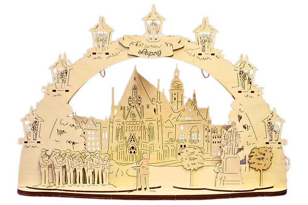 DeColibri LED Schwibbogen 3D LED Schwibbogen Leipzig Thomaskirche - Netzkabel, Holzkunst aus Sachsen