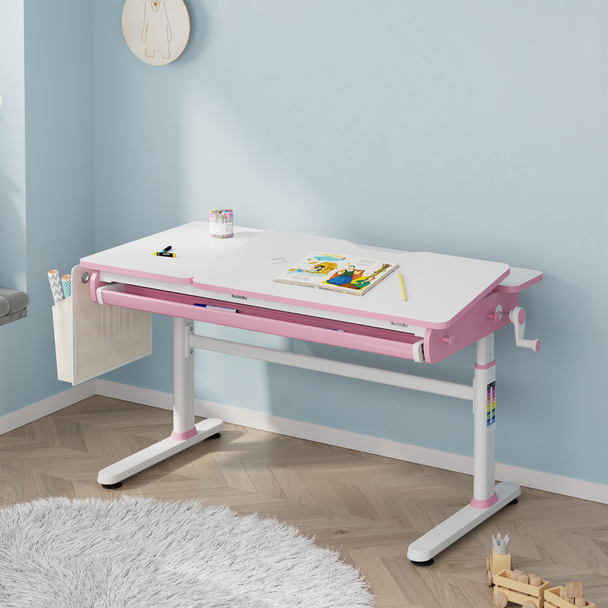 en.casa Kinderschreibtisch, höhenverstellbar »Kuosa« mit Schublade 120x60 cm Pink