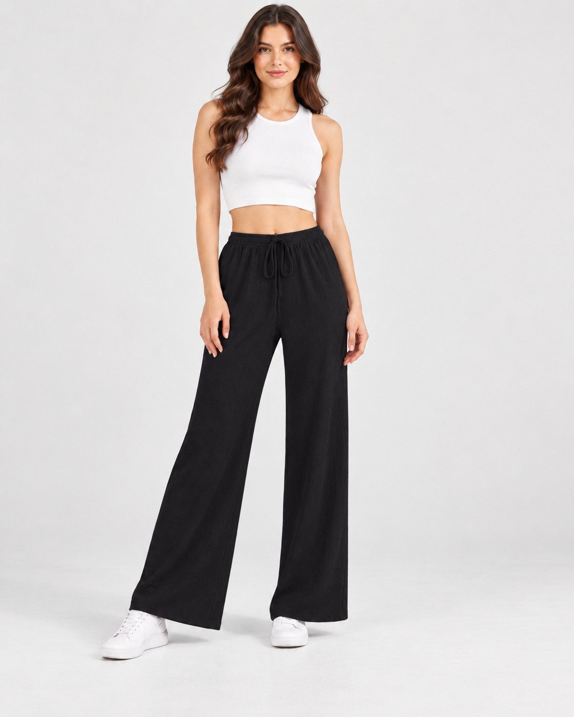 fashionshowcase Palazzohose Damen Freizeithose mit weitem Bein Crinkle Hose elastischer Bund vielseitig kombinierbar, angenehmer Freizeitkomfort