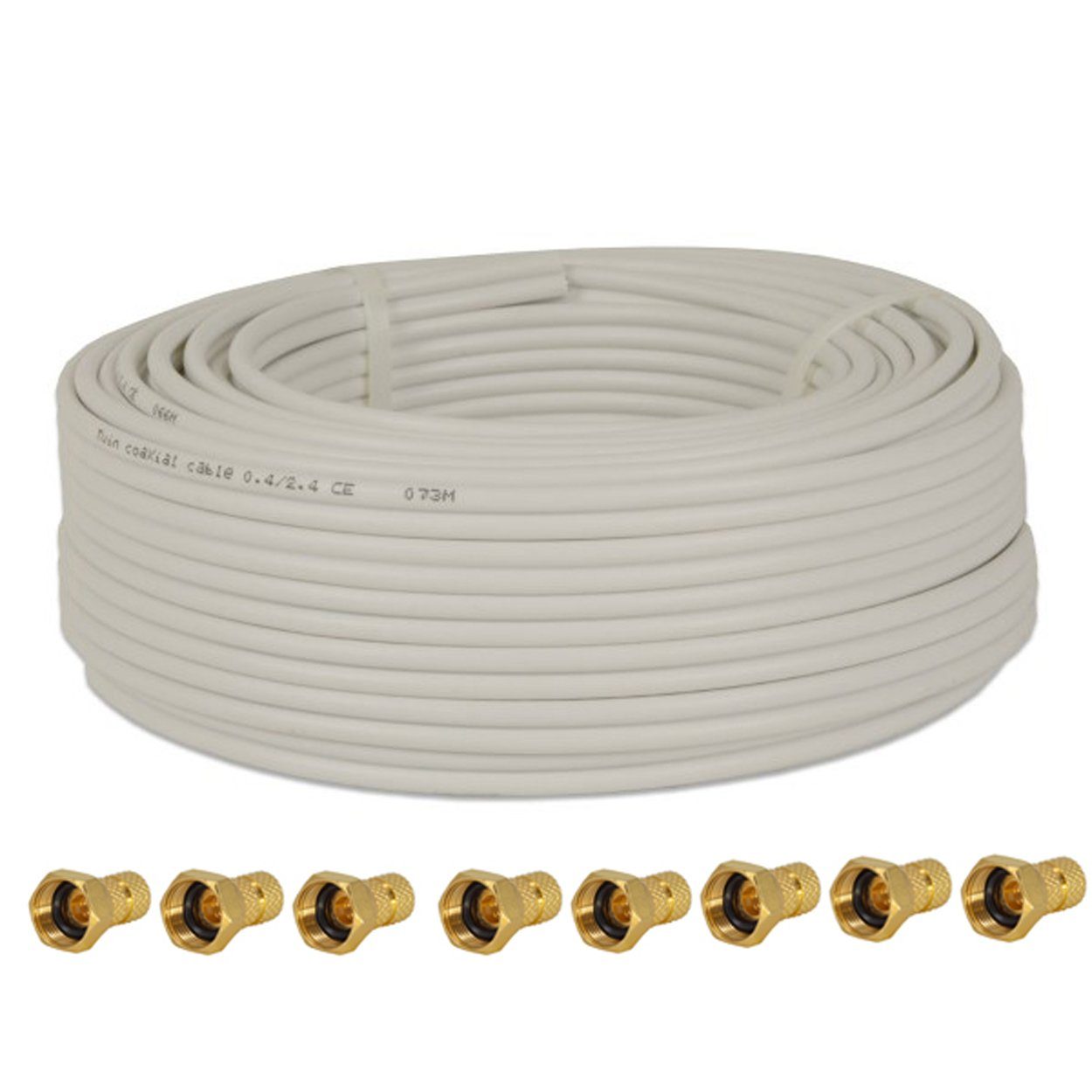 PremiumX 10m Koaxial Kabel 90dB Twin Mini 2x 4 mm, weiß FullHD + 8x F-Stecker SAT-Kabel