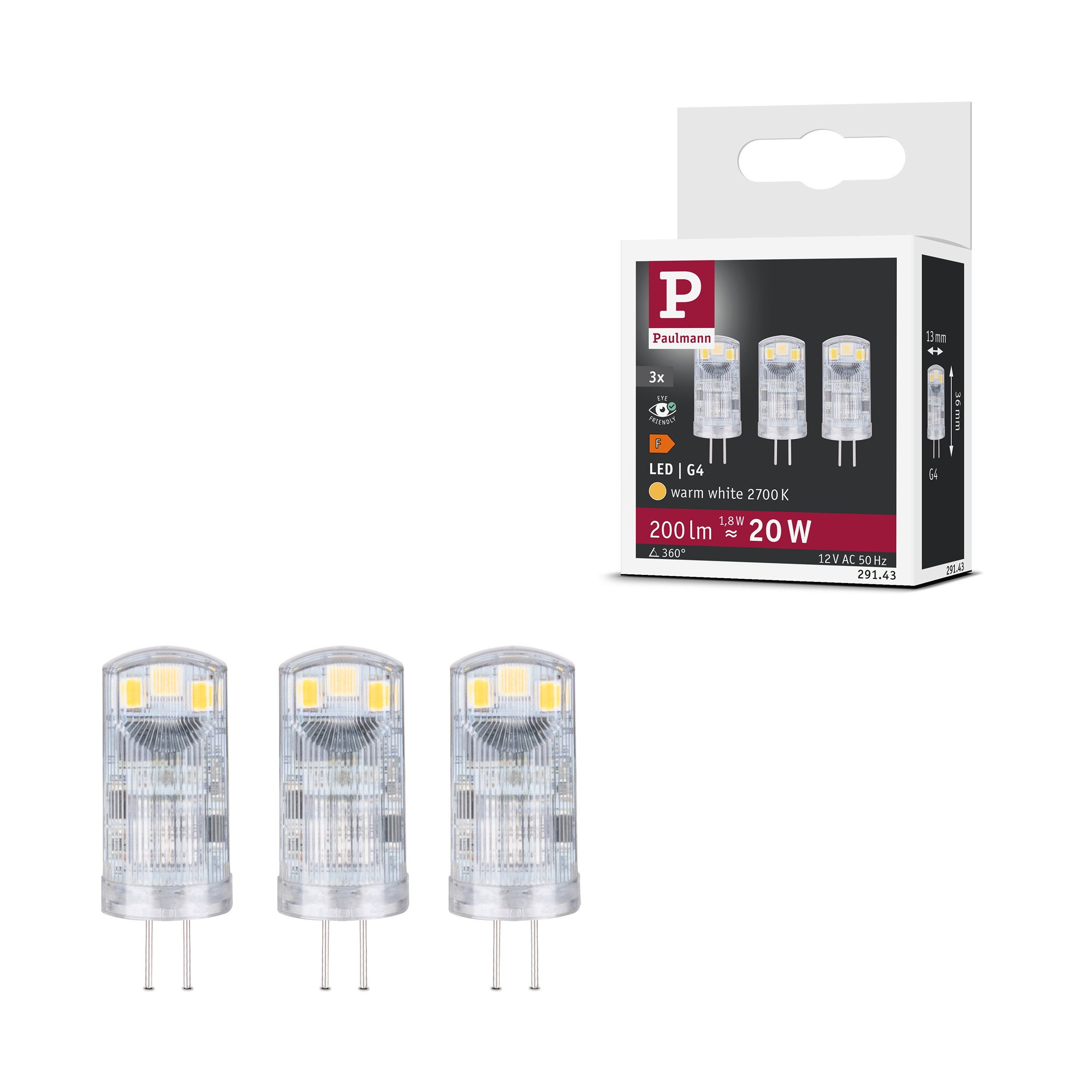 Paulmann LED-Leuchtmittel Standard 12V LED Stiftsockel G4 3er-Set 3x200lm 3x1,8W 2700K Klar, G4, 3 St.