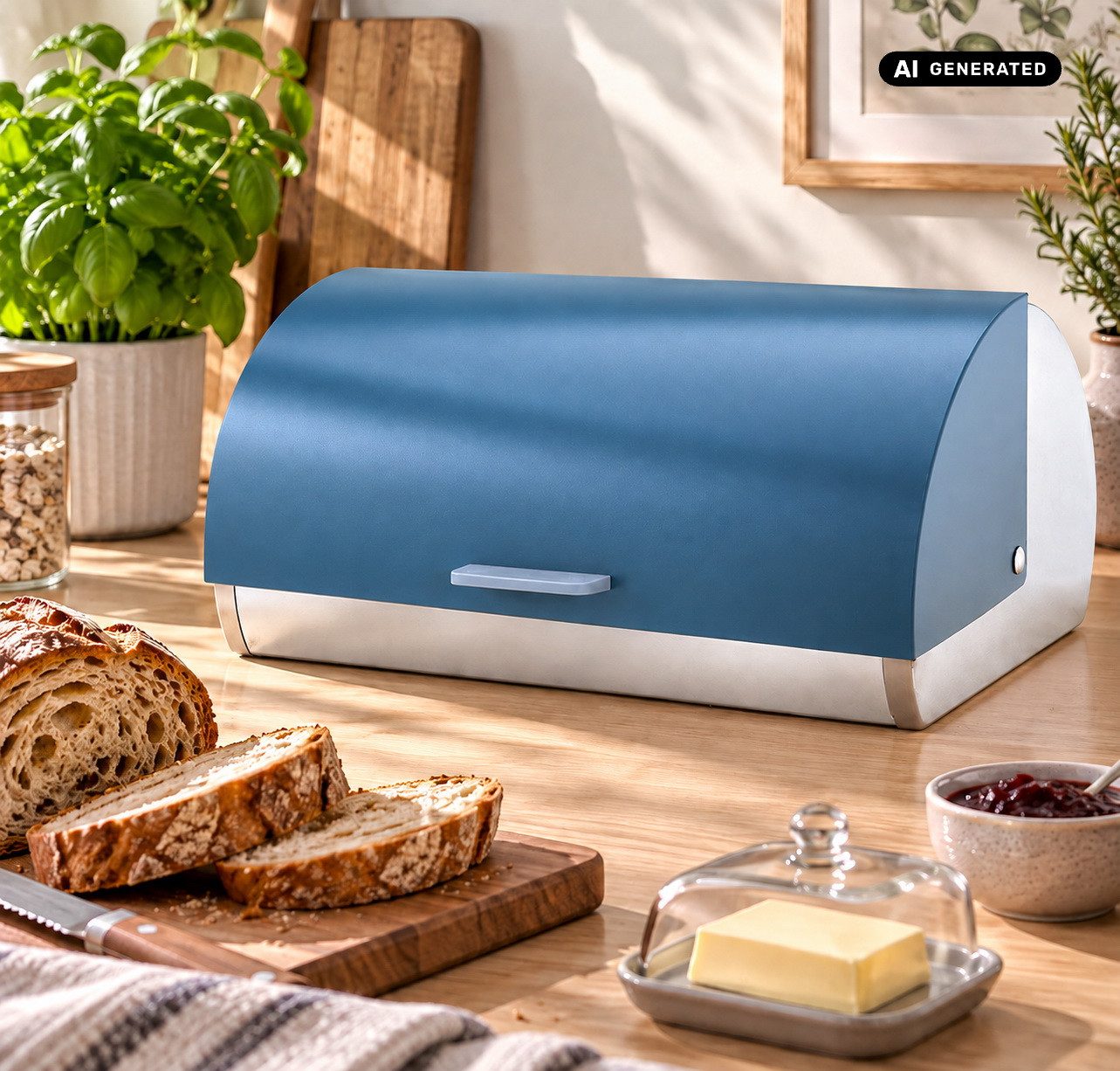 Michelino Brotkasten Edelstahl Brotbox Brotbehälter Brötchenaufbewahrung, (Rolldeckel lackiert), Belüftungslöcher auf der Rückseite – Bild 3 von 4