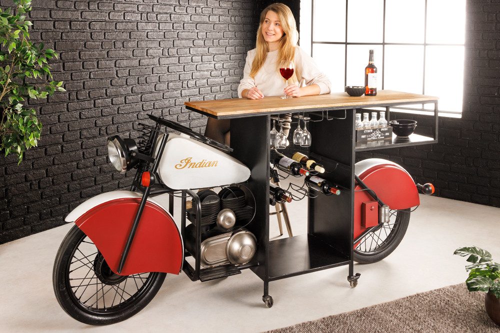 riess-ambiente Bartisch EASY RIDER 230cm rot schwarz · Upcycling-Tisch mit Motorrad-Gestell (Einzelartikel, 1-St), Mango-Massivholz-Platte · mit Weinablage & Stauraum · Design