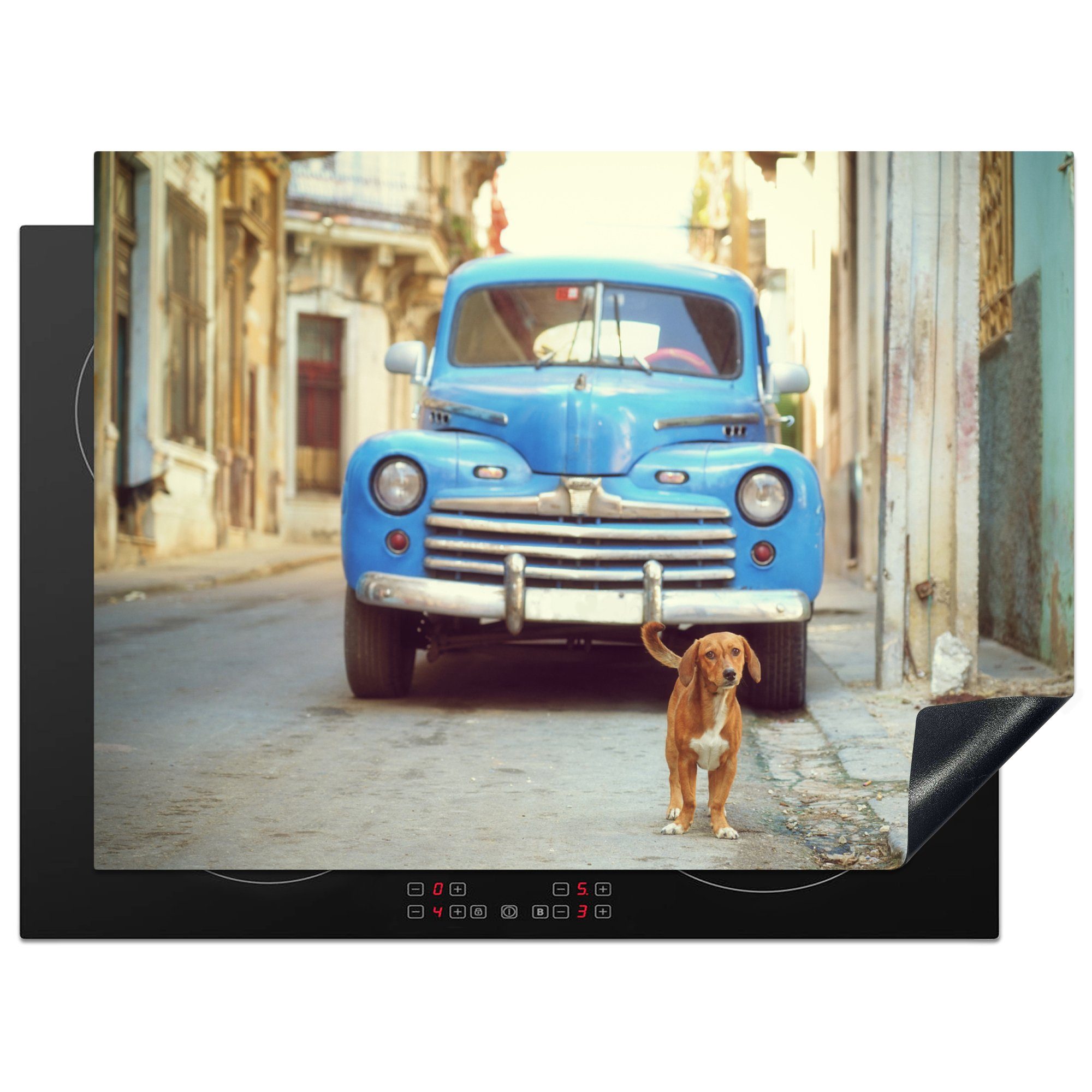 MuchoWow Schutz Ceranfeldabdeckung Oldtimer Ein 71x52 geparkter Hund, für tlg), Herdblende-/Abdeckplatte Induktionskochfeld die mit küche, einem kubanischer (1 cm, blauer Vinyl,