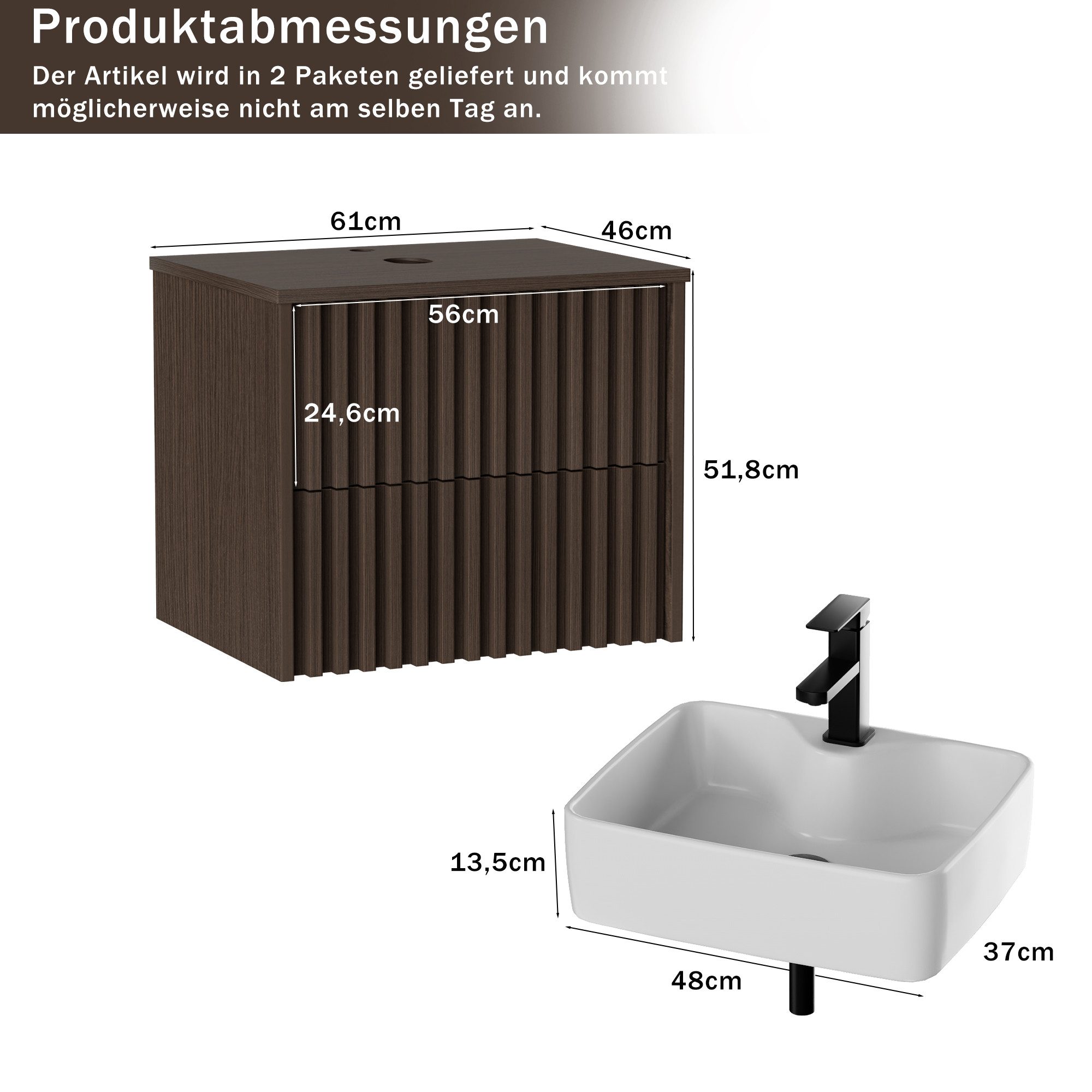 UEV Waschtisch mit Unterschrank hängend Keramik Waschbecken (Packung, Komplett-Set Badmöbel, Badezimmmer Schrank), Waschbeckenunterschrank mit Wasserhahn und Po – Bild 4 von 5