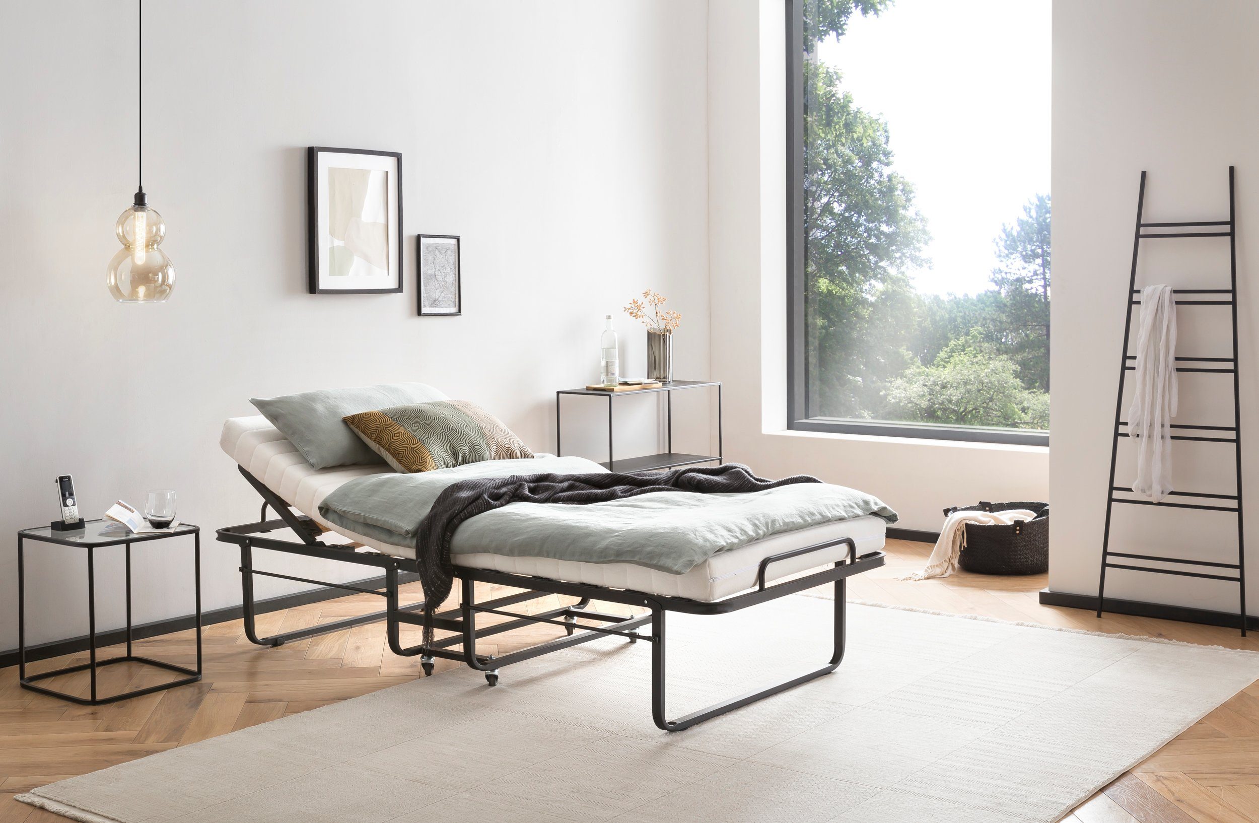 BedBox Gästebett Gästebett mit verstellbarem Kopfteil 90x200 cm hochwertiges Vierkantmetallgestell, verstellbares Kopfteil, incl Husse – Bild 5 von 5
