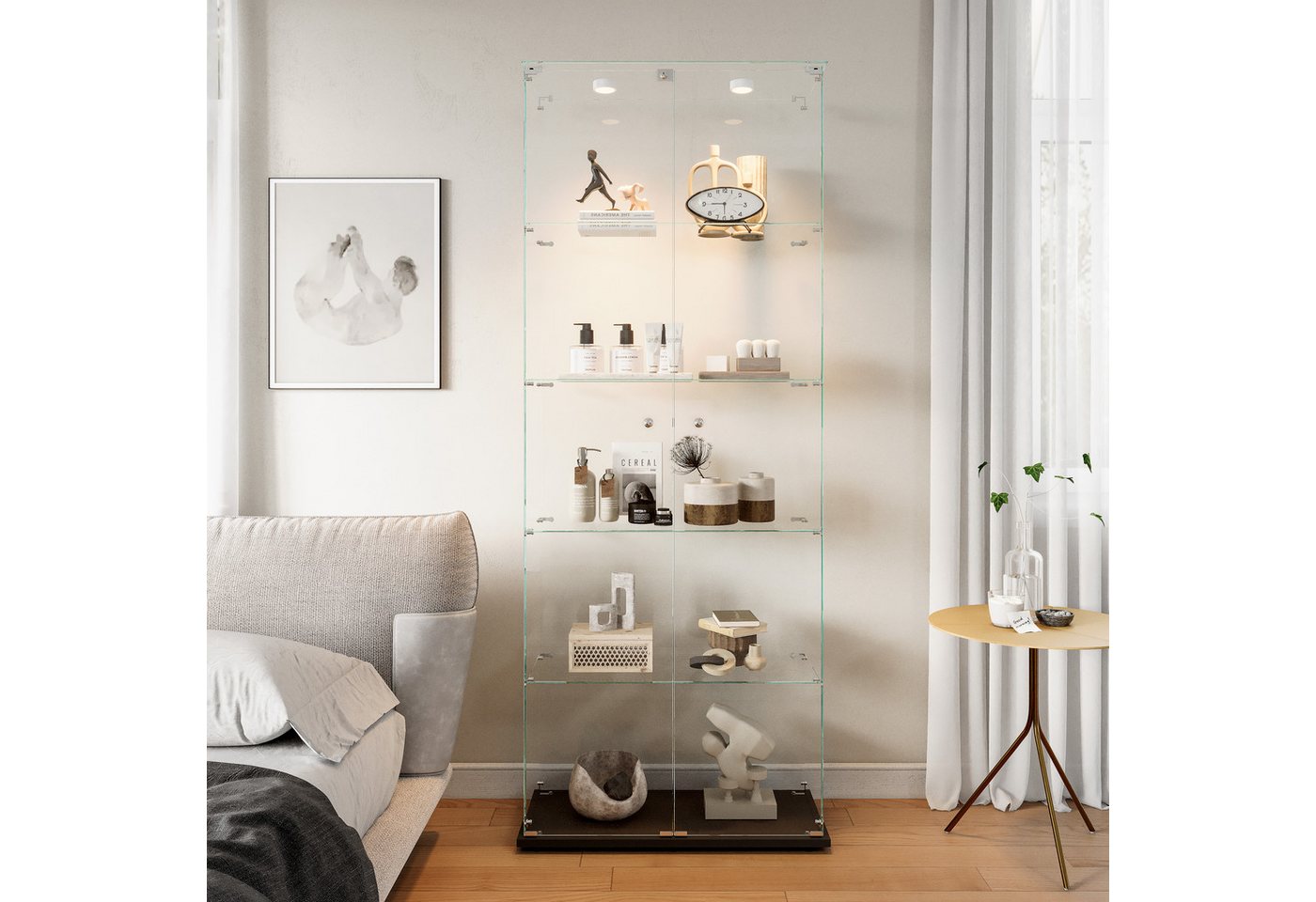 Simurq Glasvitrine Standvitrine mit LED und 2 Glastüren, Vitrinenschrank Glas (4 Ebenen(78,5x35x163 cm), 5 Ebenen(78,5x34,5x186,5 cm), Glasschrank mit 2 Türen,Schloss,Sammlervitrine) LED-Beleuchtung, abschließbare Türen, gehärtetes Glas