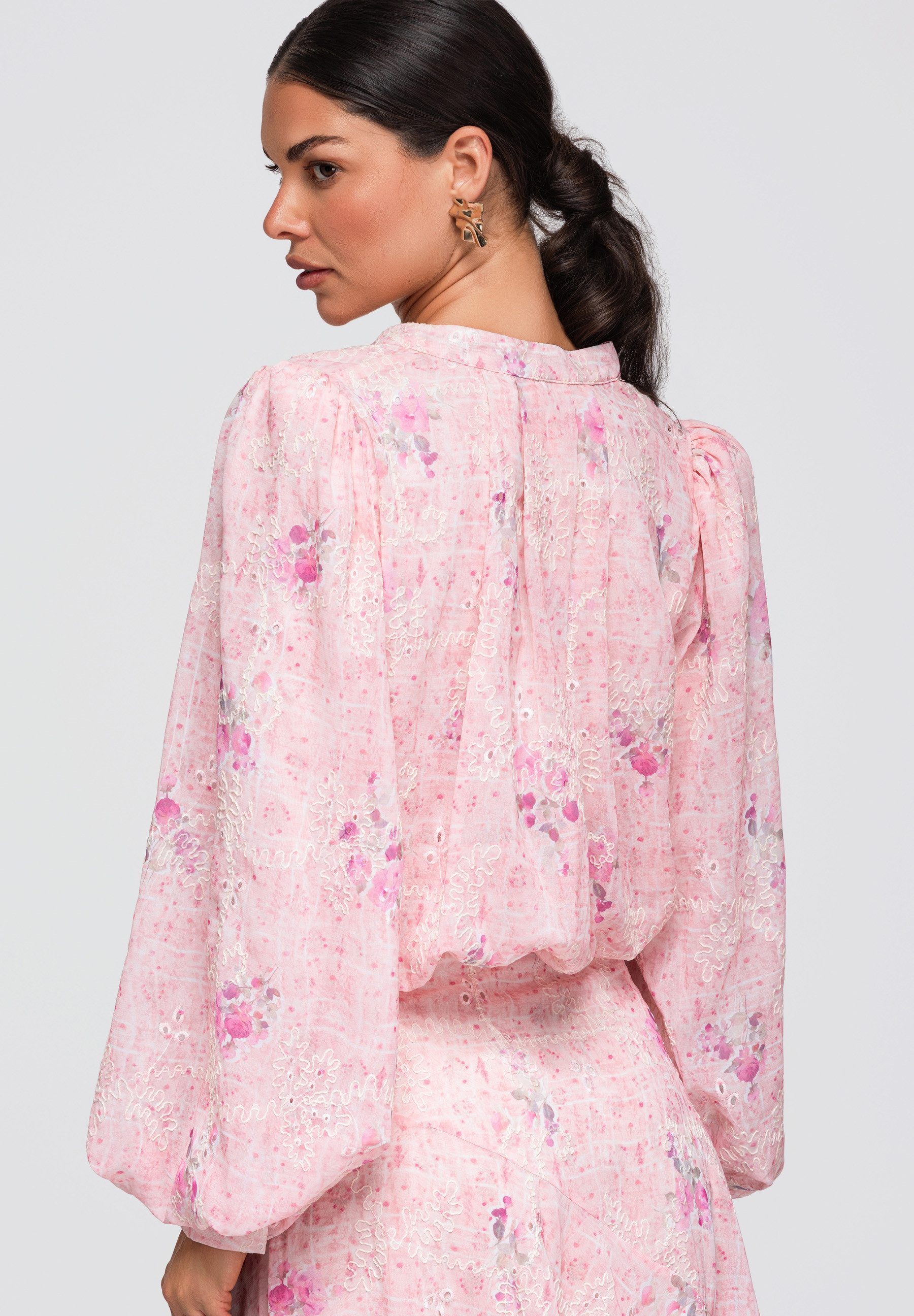 OMBRE Hemdbluse Damen Bluse mit V-Ausschnitt und Stehkragen Rose L (kein Set, 1-tlg) halbtransparent