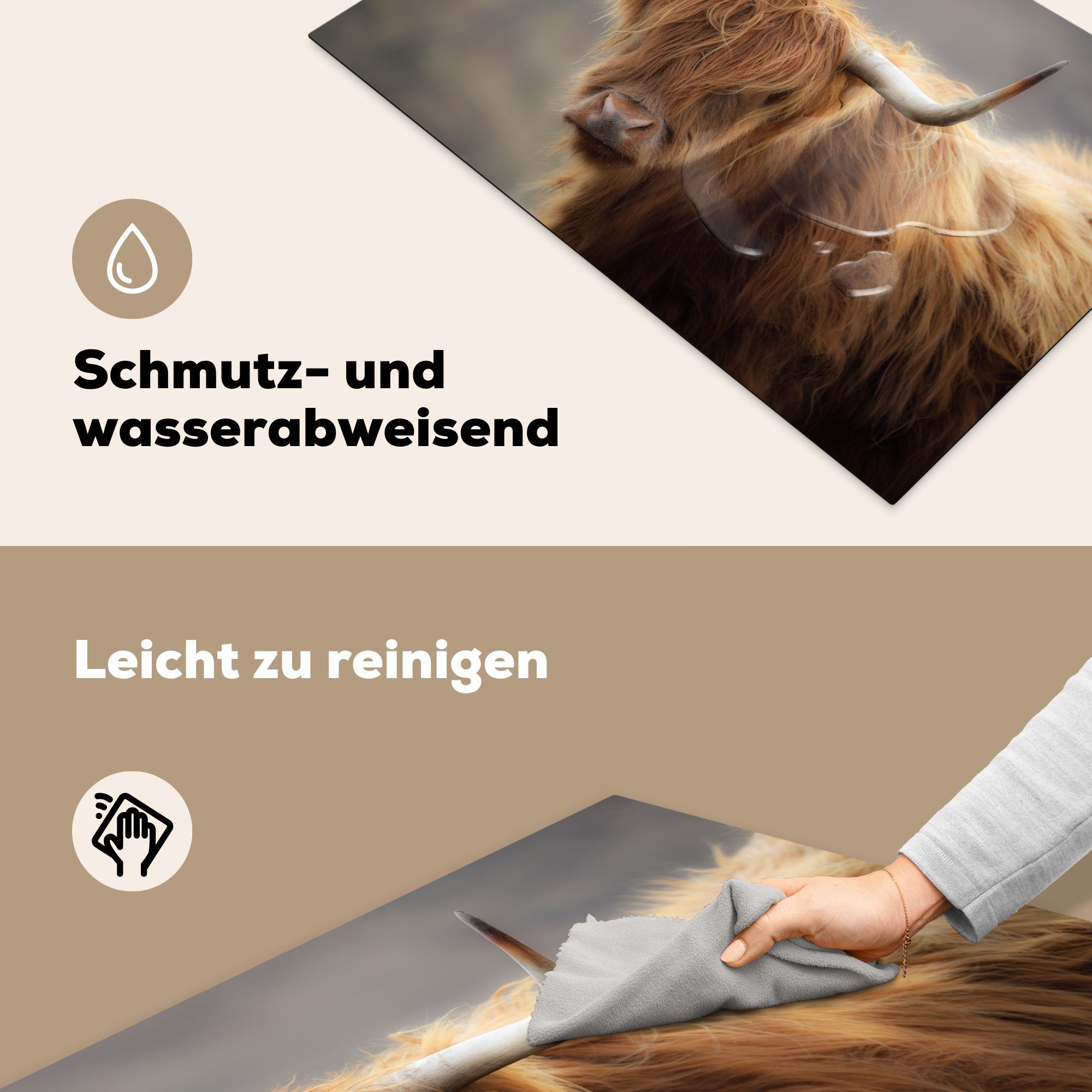 Schutz (1 Schottischer tlg), 81x52 Haare, küche, - Highlander Vinyl, die Hörner Induktionskochfeld Ceranfeldabdeckung - für MuchoWow Herdblende-/Abdeckplatte cm,