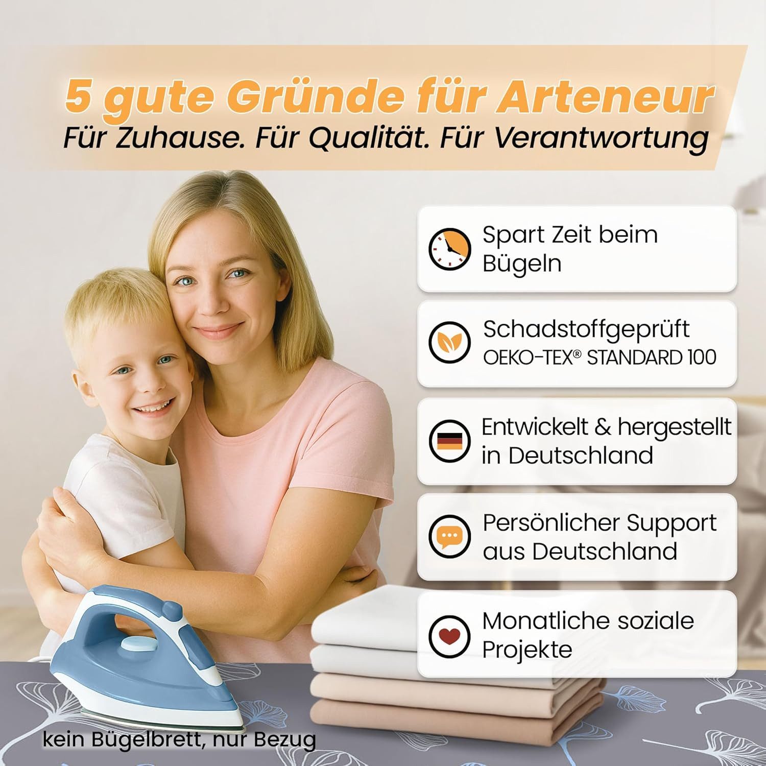 Arteneur Bügelbrettbezug, Made in Germany, OEKOTEX100, Zubehör für alle Bügeltische dank 5 Größen, Vergleichssieger, Hitzereflektierend, Gummizug