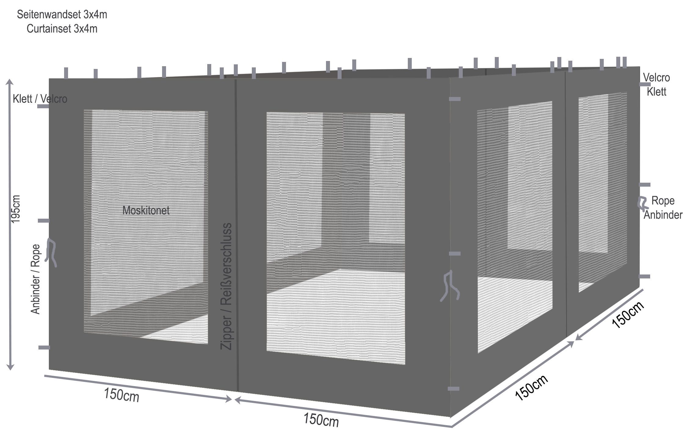 Quick Star Pavillonseitenteil 4 Seitenteile mit Netz Rankpavillon 3x3m Anth günstig online kaufen