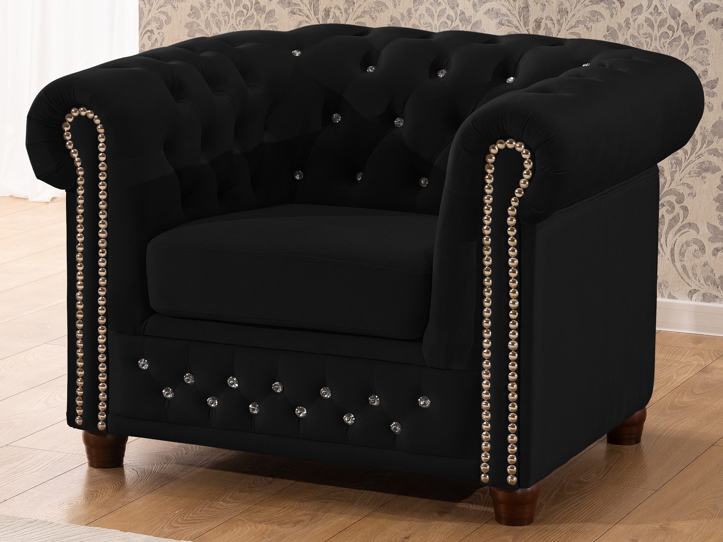 S-Style Möbel Chesterfield-Sessel Cleo Blink aus Samt mit Kristallsteppung und braunen Massivholzfüßen, mit Wellenfederung