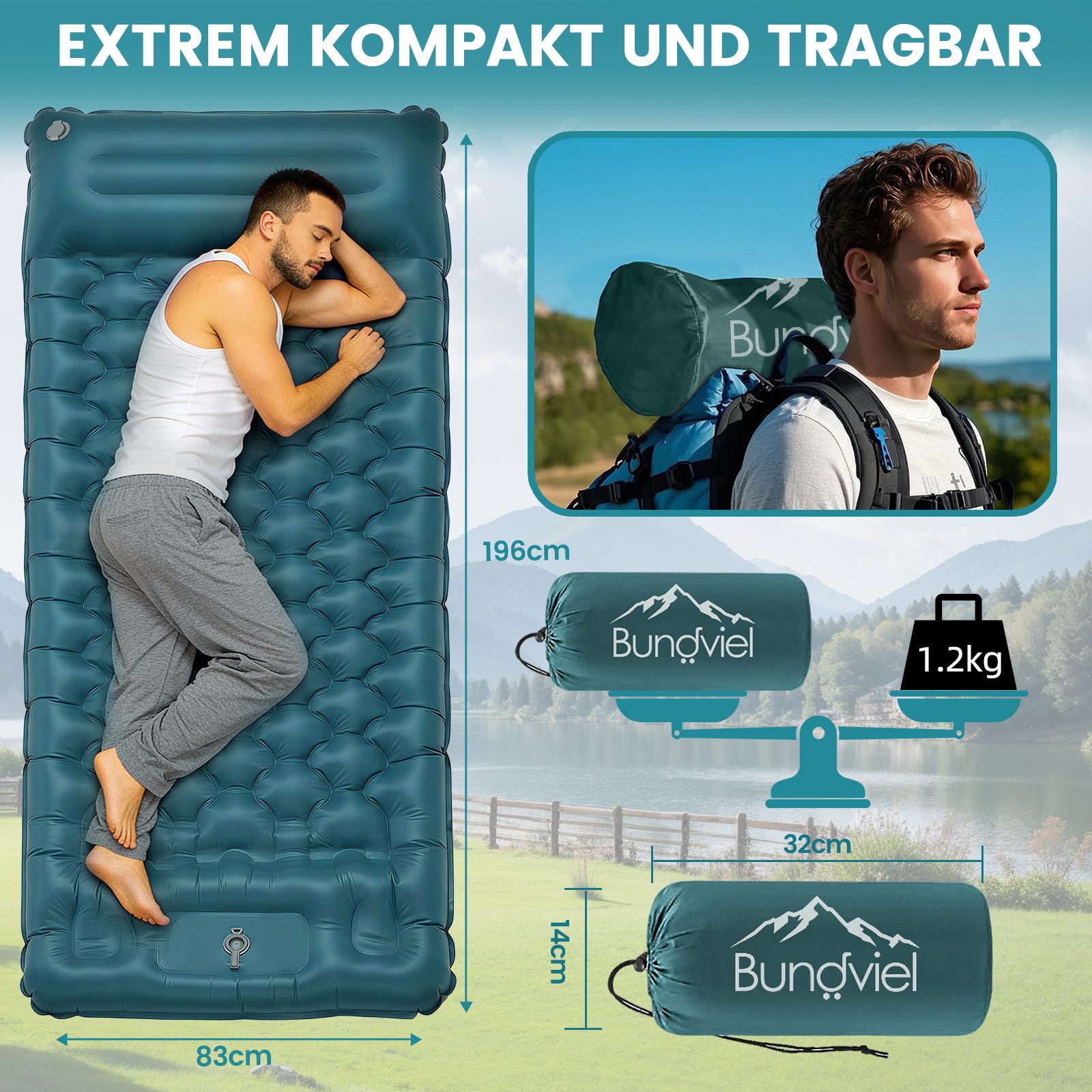 Bundviel Isomatte Outdoor Camping Isomatte Selbstaufblasend Ultraleicht Luftmatratze, erschleißfest/wasserabweisend/Reißfestigkeit