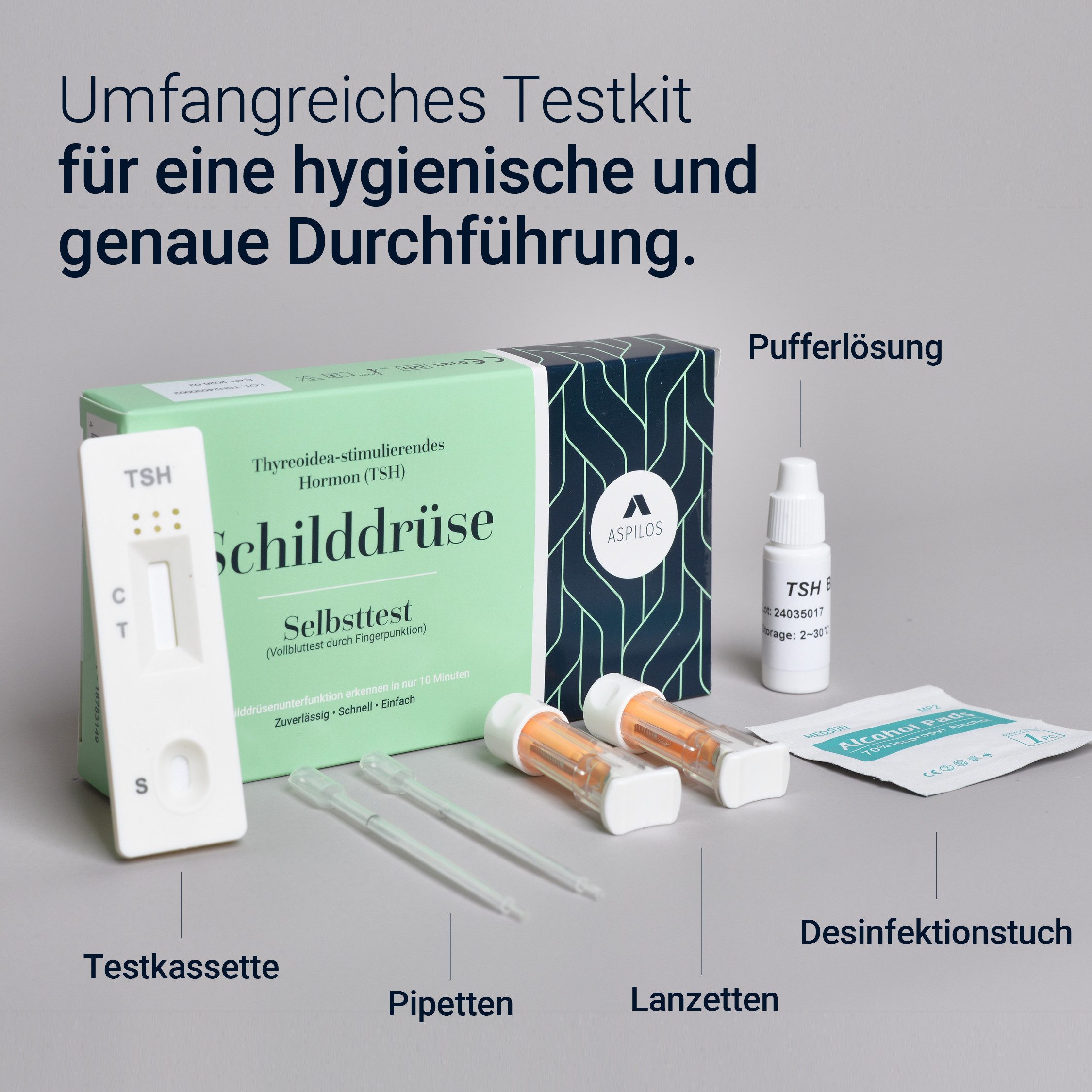 ASPILOS Hämoglobin-Schnelltest Schilddrüsen Unterfunktion Selbsttest für Zuhause in 10 Minuten, Bluttest, selbst durchführbar, TSH-Wert, 1-tlg., Schilddrüsenunterfunktion Test, zum selbstdurchführen