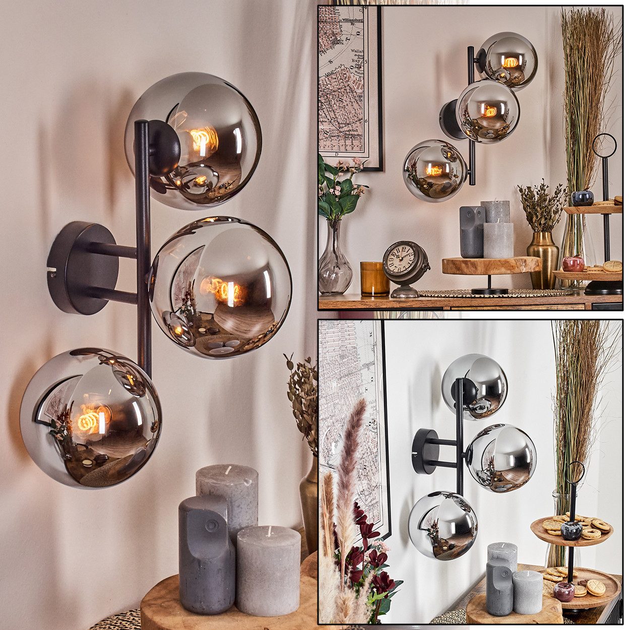 hofstein Wandleuchte Wandlampe aus Metall/Glas in Schwarz/Chrom-/Rauchfarben, moderne Leuchte im Retro/Vintage-Design (Schirme Ø 15 cm), E14