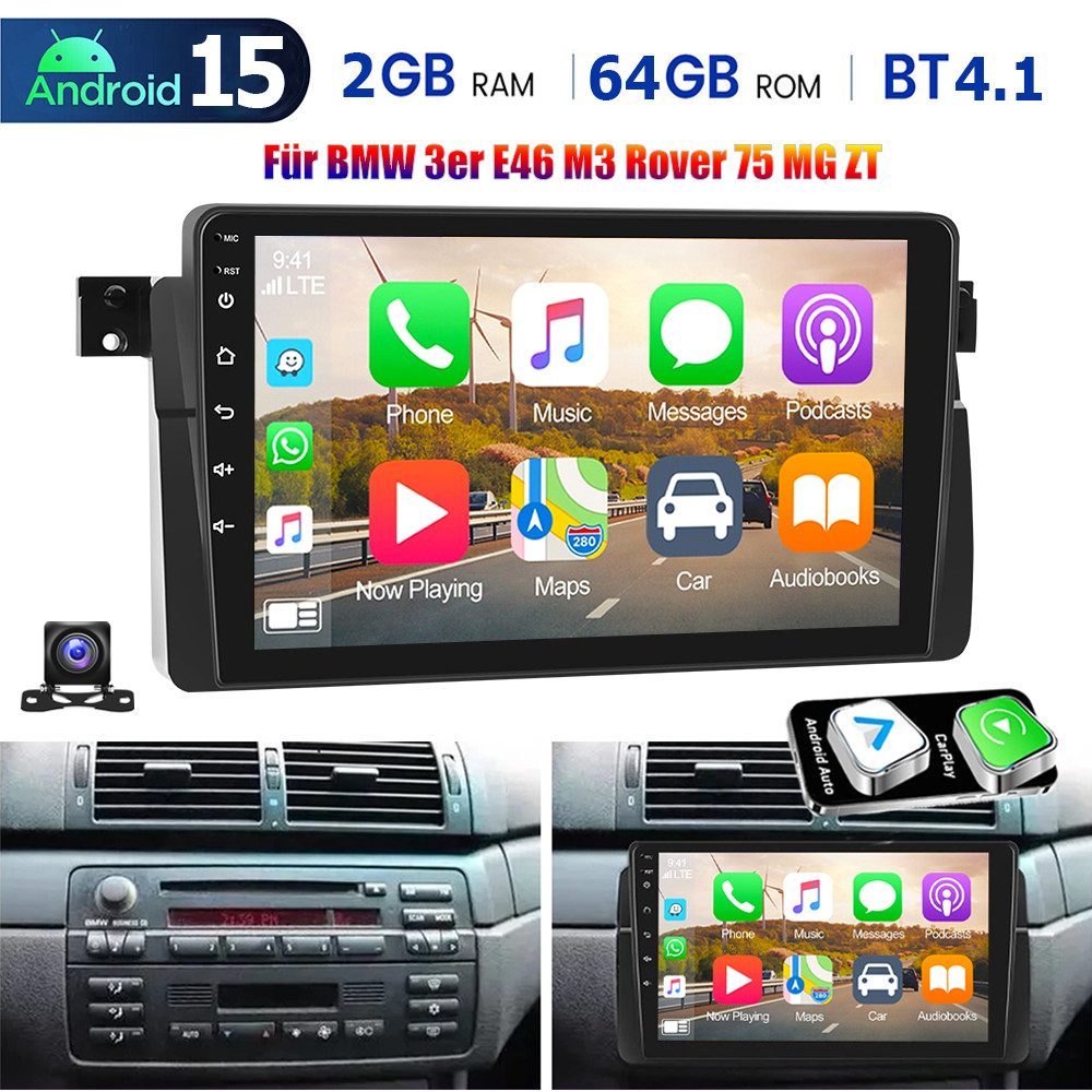 9" Android 15 Autoradio für BMW 3er E46 1998–2006 Wireless CarPlay GPS Autoradio