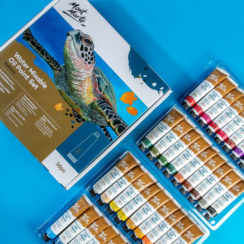 Mont Marte Ölfarbe Wasserlösliche Ölfarben Set – 8 / 36 x 18ml – Ideal für Ölmalerei, vielseitig kombinierbar, Brillante Lichtechte Farben, großer Deckkraft