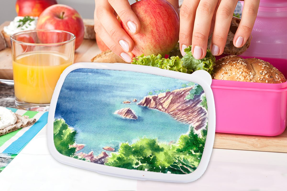 Lunchbox Brotbox Erwachsene, Snackbox, Berge (2-tlg), MuchoWow - Kinder, Brotdose Kunststoff Wald, Kunststoff, Meer rosa - Mädchen, für
