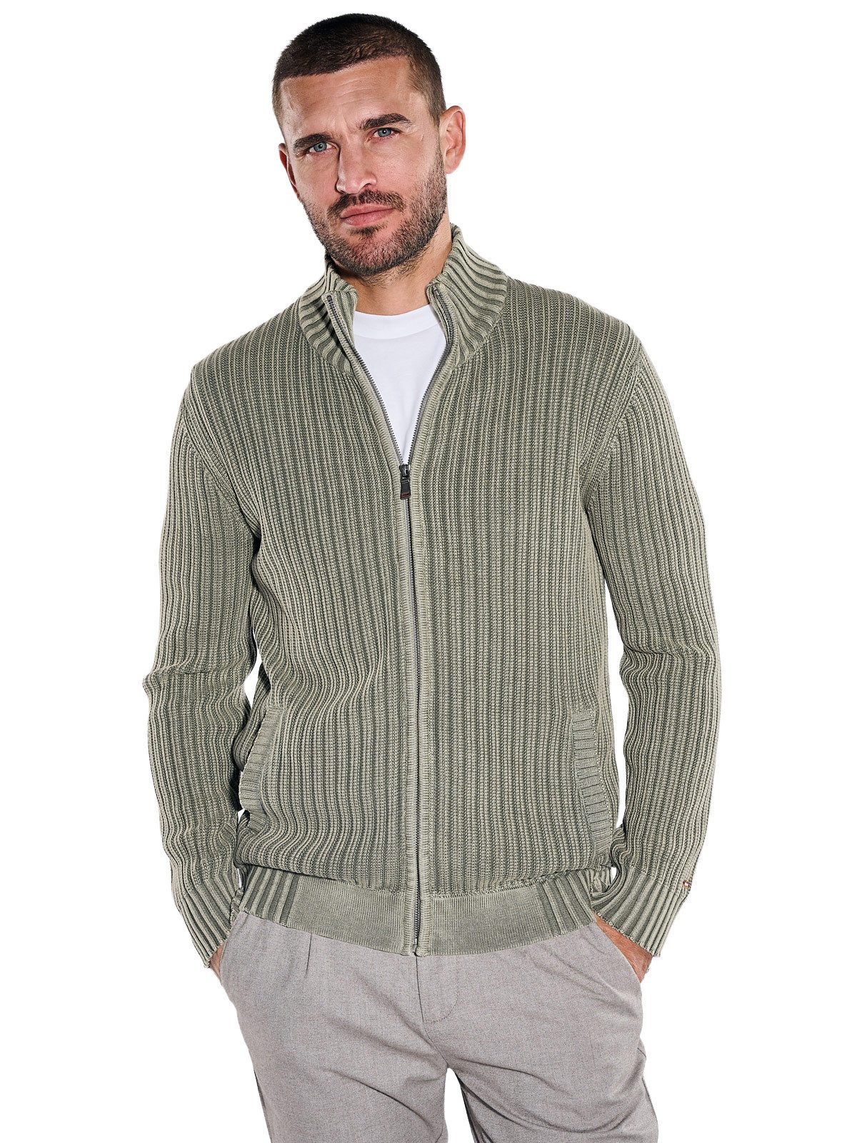 emilio adani Cardigan Herren Strickjacke mit seitlichen Taschen, Oliv