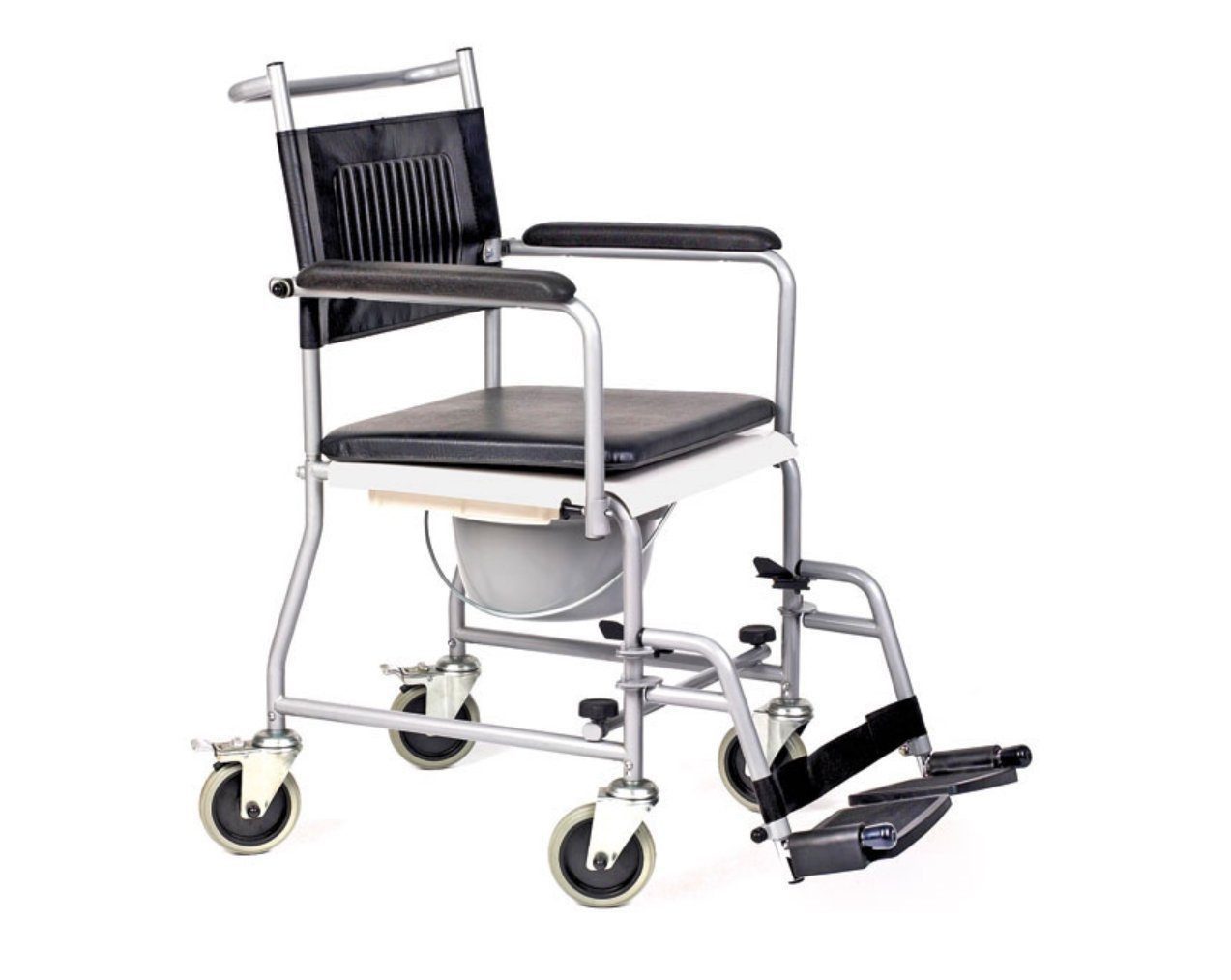 DocMed Toiletten-Rollstuhl Mehr Mobilität im Alltag für Senioren und eingeschränkte Personen, Belastbar bis 120kg, Alltagshilfe, PVC-gepolstert, Mit Eimer, Fahrbar