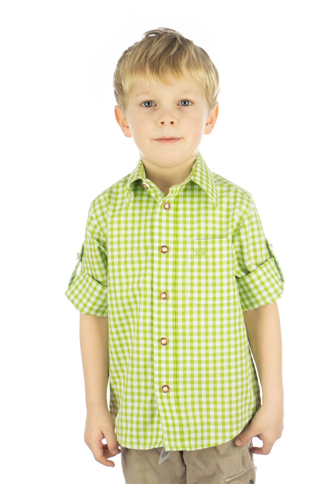 OS-Trachten Trachtenhemd Lafoa Langarmhemd Jungen mit aufgesetzter Brusttasche mit Hirsch-Stickerei giftgrün