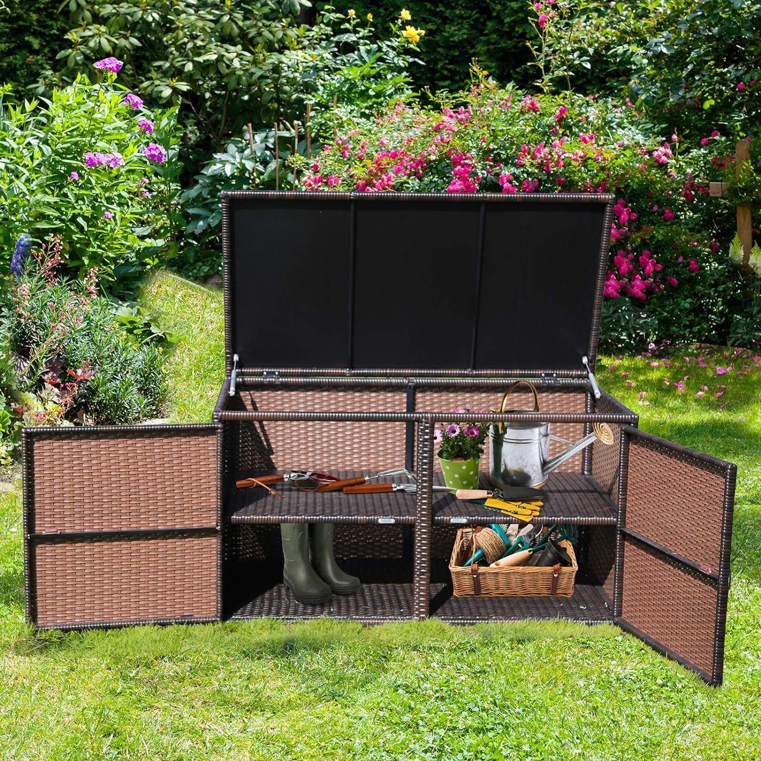 KOMFOTTEU Auflagenbox Kissenbox, 335L Polyrattan Aufbewahrungsbox