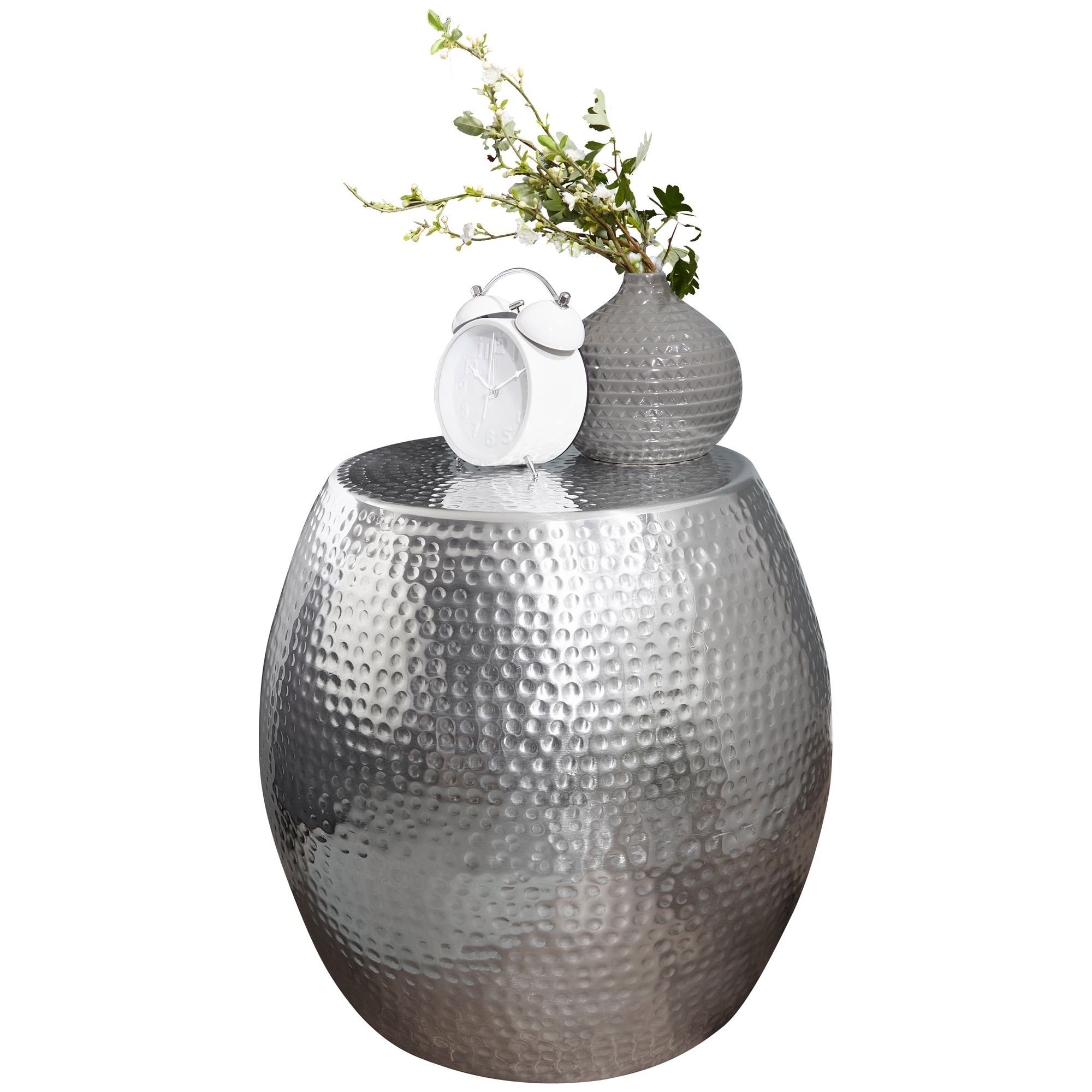 Wohnling Beistelltisch WL5.466 (42x42x42 cm Aluminium Hammerschlag Silber Rund), Kleiner Wohnzimmertisch, Sofatisch Orientalisch