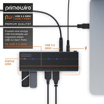 Primewire USB-Adapter, aktiver 7 Port USB 3.2 Gen1 Hub mit Netzteil Hot-Plug und Super Speed