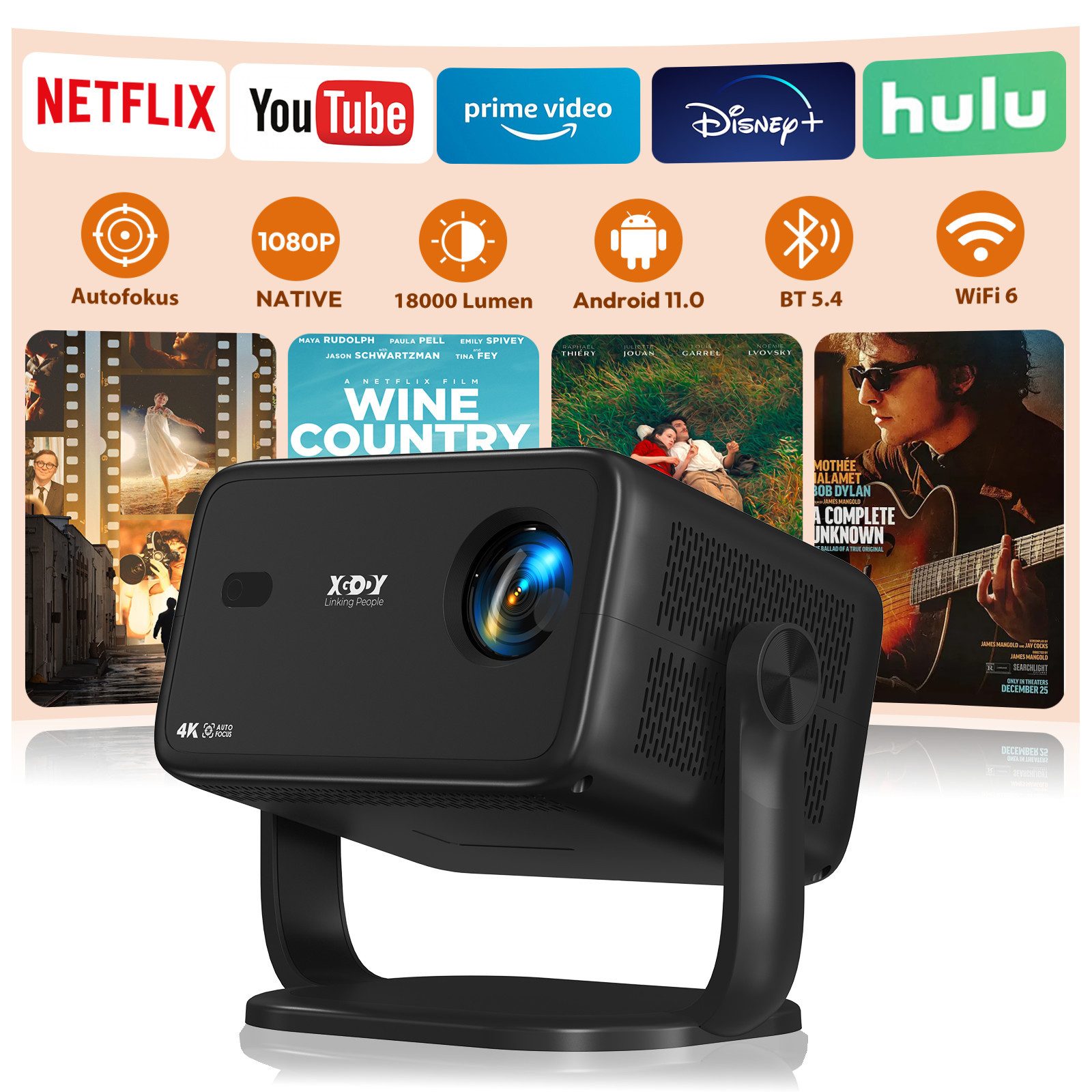 XGODY Autofokus Android-Projektor, Native 1080P, 4K-Dekodierung, HDR10 LCD-Beamer (18000 lm, 15000:1, 3840 x 2160 px, Outdoor Heimkino &Geeignet für Schlafzimmer/Party/Büro)