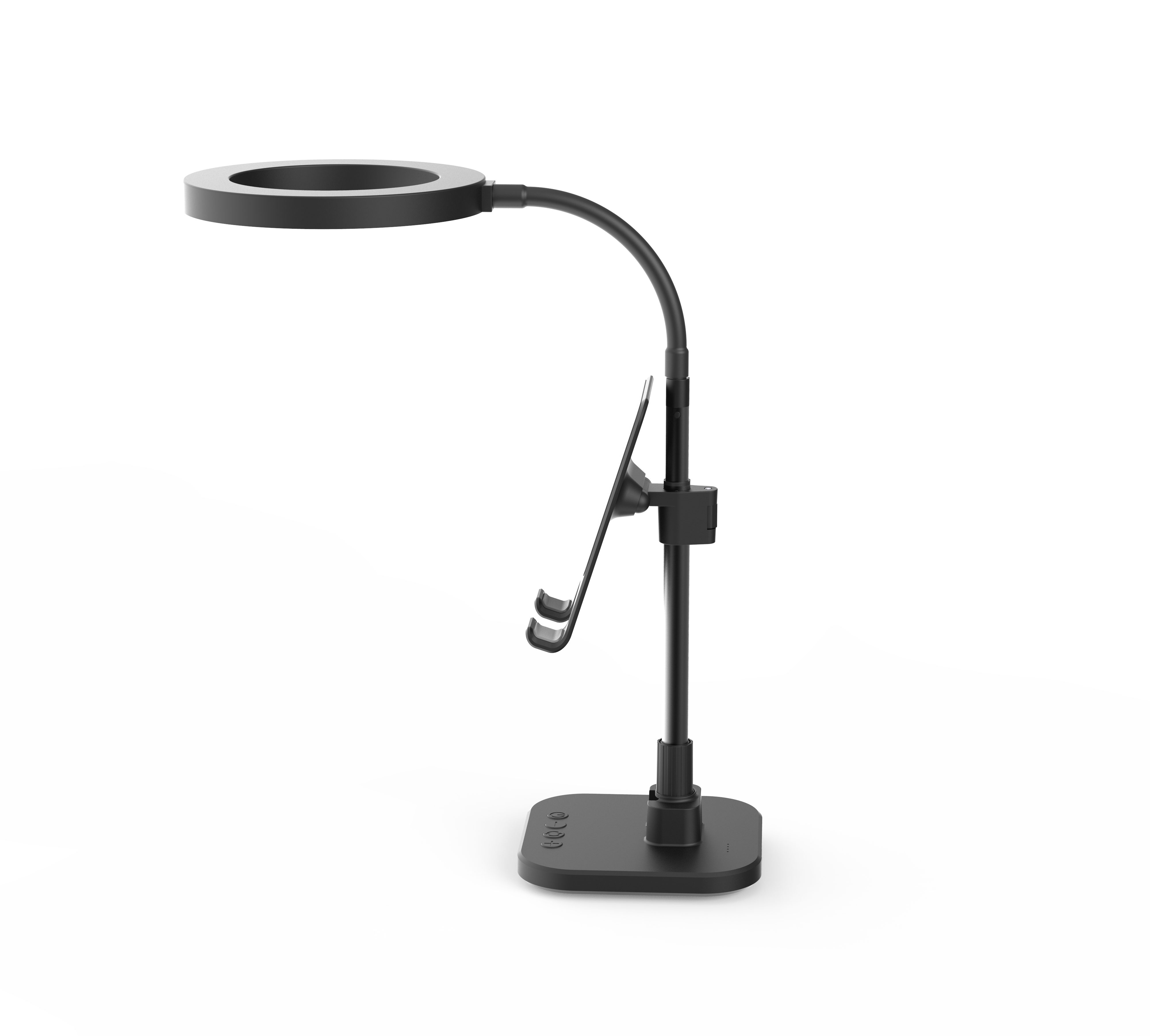 DigiPower Schreibtischlampe mit Smartphone- und Tablet-Halterung inkl. Akku, schwarz, LED fest integriert, warm, kalt, natur, Ringlicht, Handyhalterung – Bild 3 von 5