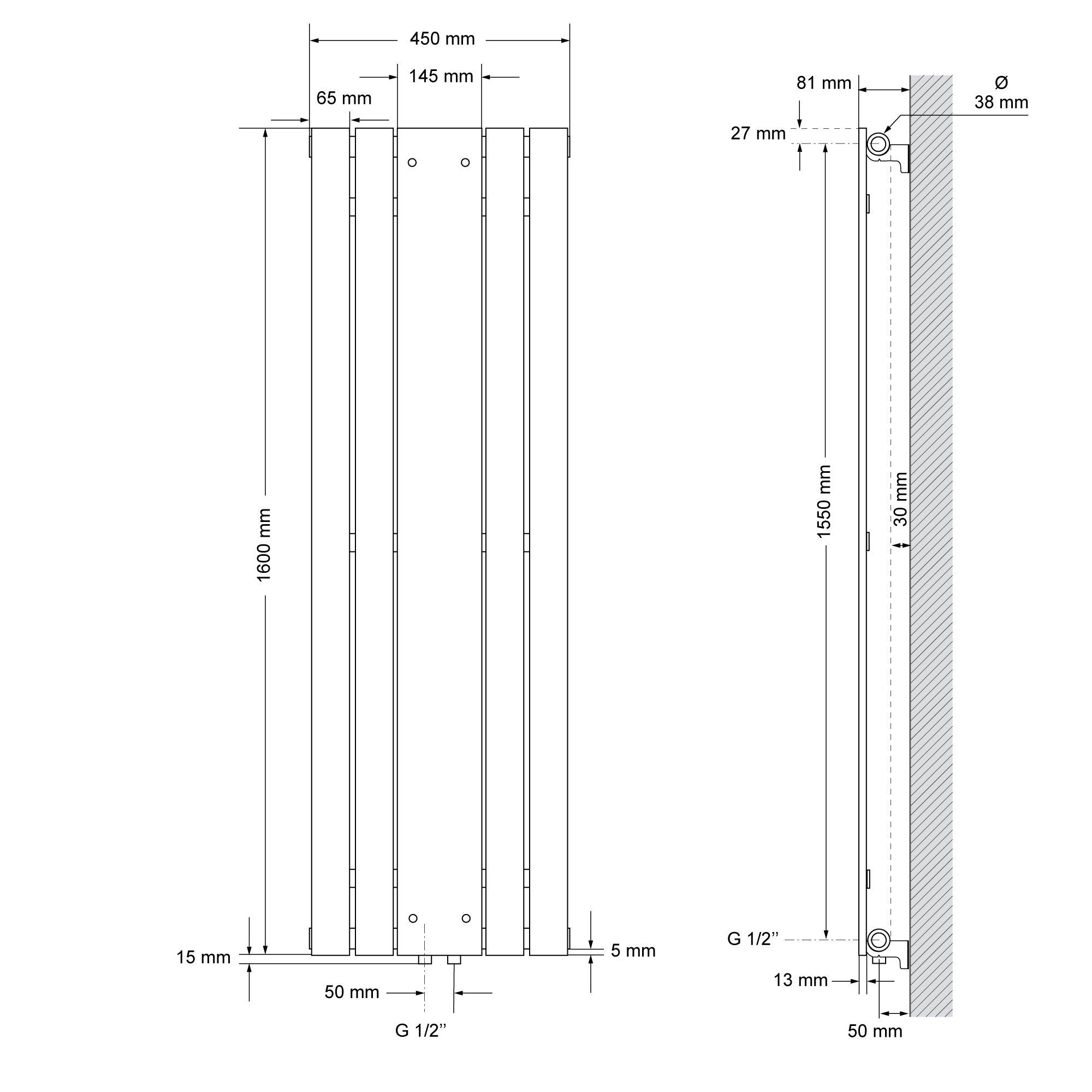 LuxeBath Heizkörper Zimmerheizkörper Pannelheizkörper Spiegelheizkörper, Weiß Mittelanschluss 450x1600mm