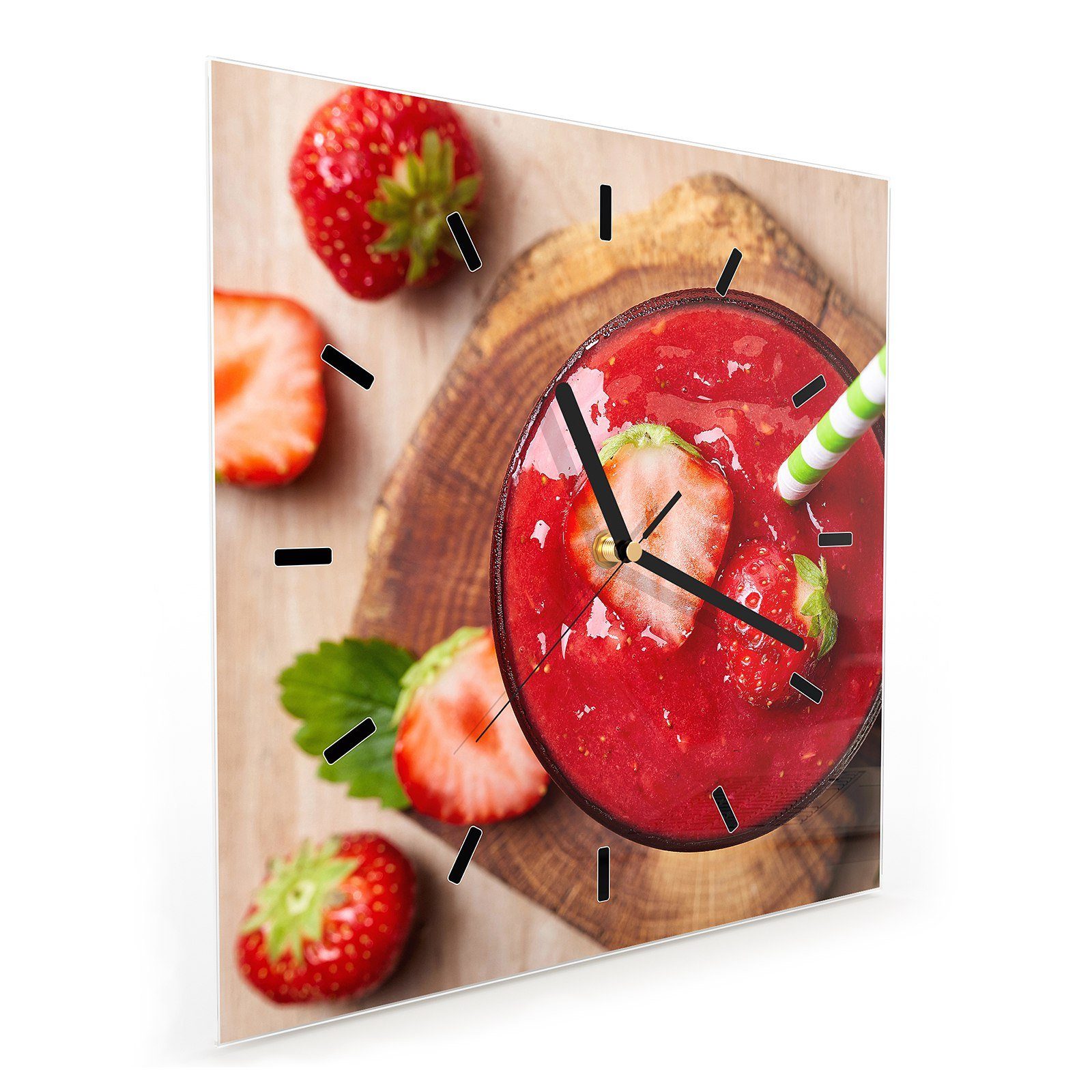 Primedeco Wanduhr Glasuhr Wanduhr Wandkunst 30 mit Erdbeeren x Smoothie 30 cm Motiv Größe aus