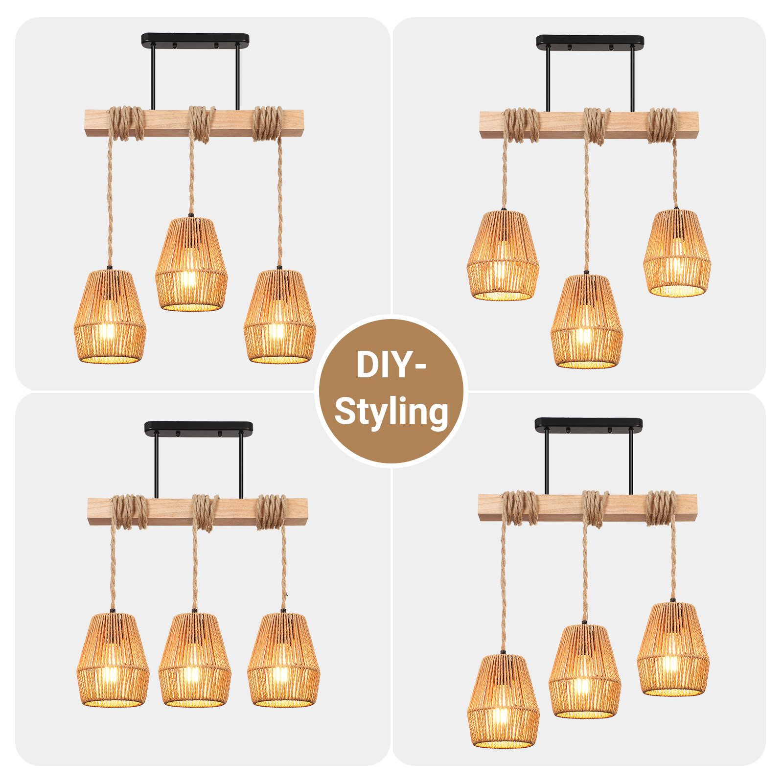 Rosnek Hängeleuchten 3-flammige Rattan Pendelleuchte 40 W – Höhenverstellbar Küchenlampe, Warmweiß, Halogen, Farmhouse Kronleuchter aus Glas für Küche, Esszimmer – Landhausstil