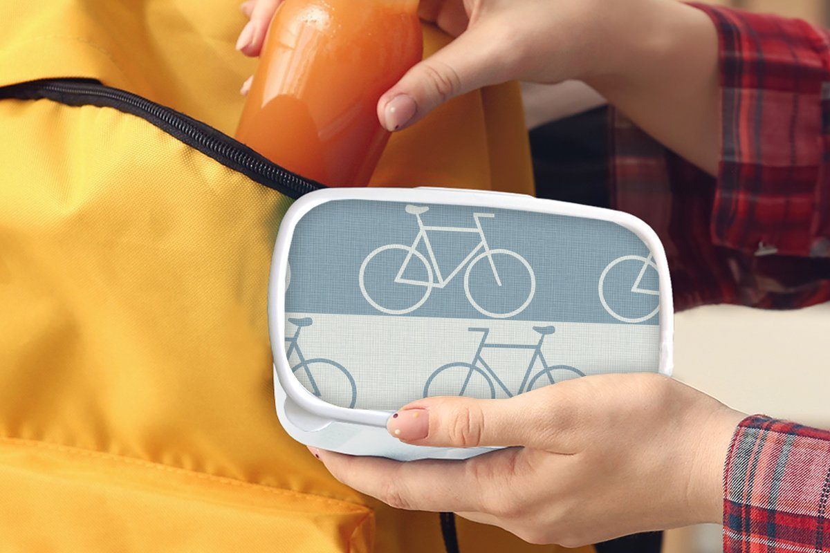 MuchoWow Lunchbox für und Kunststoff, Mädchen Brotbox weiß und (2-tlg), Muster, - Jungs Blau für Erwachsene, Fahrrad - Kinder Brotdose