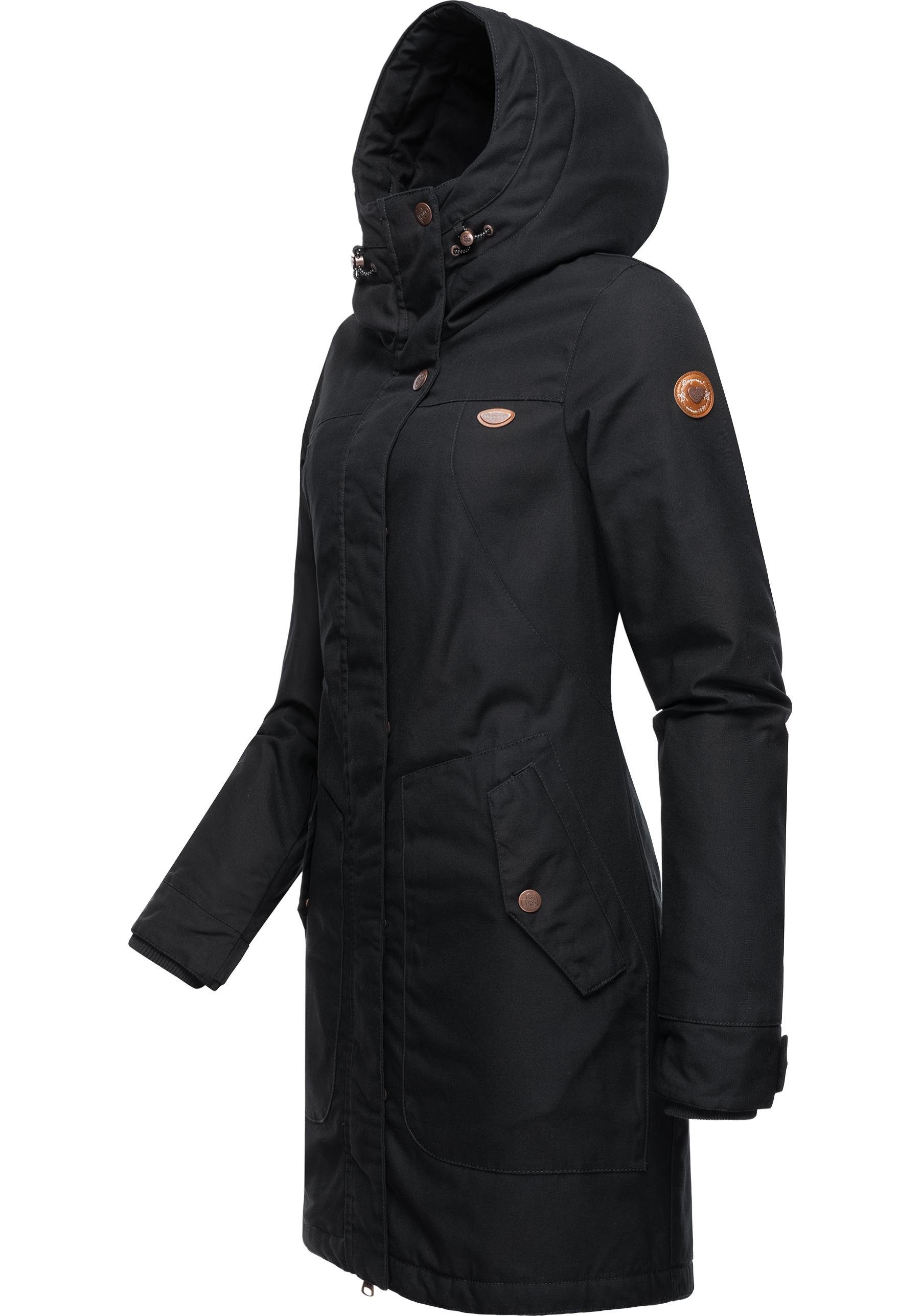 Ragwear Wintermantel Jannisa stylischer Damen black Winterparka Kapuze mit