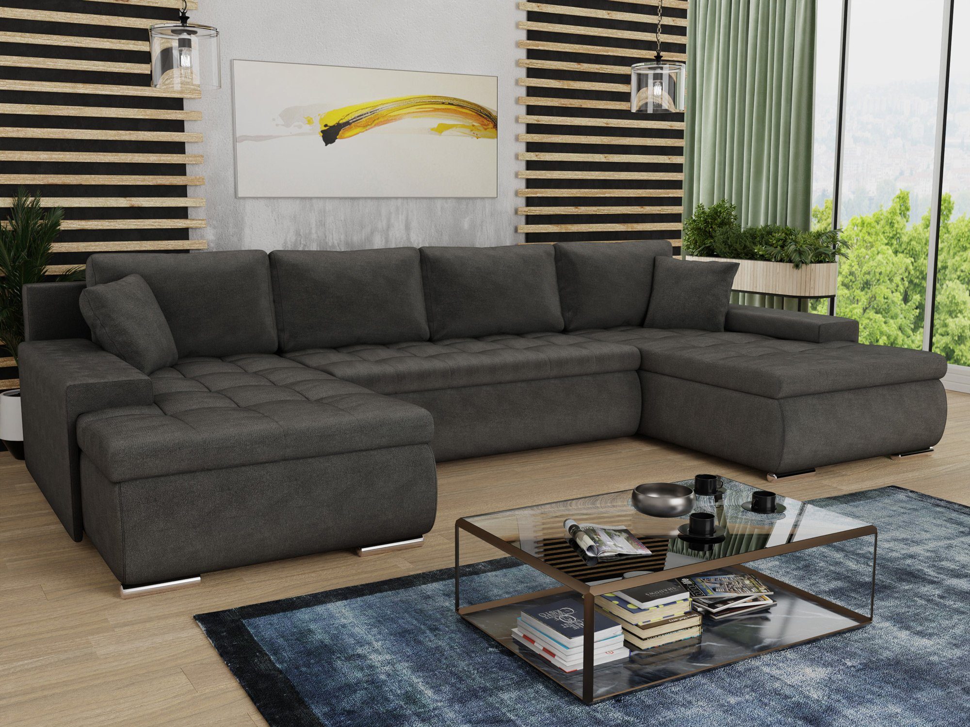 Sofnet Wohnlandschaft Faris U, mit Schlaffunktion und Bettkasten, Ecksofa, U-Form Couch, Schlafsofa mit Wellenfeder