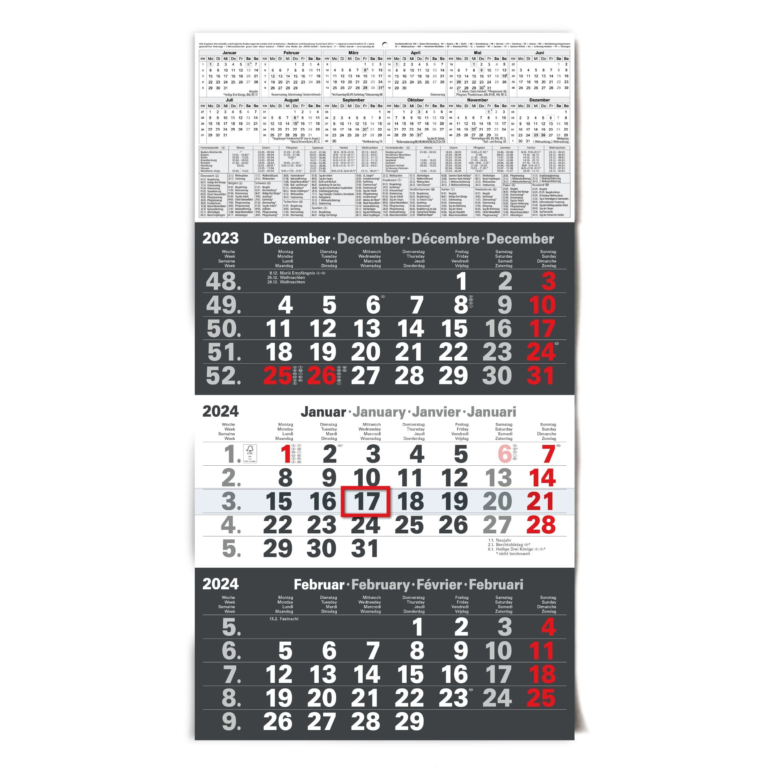 TOBJA Wandkalender 3 Monatskalender 2024 Büro Wandkalender, mit Datumsschieber Bürokalender 24