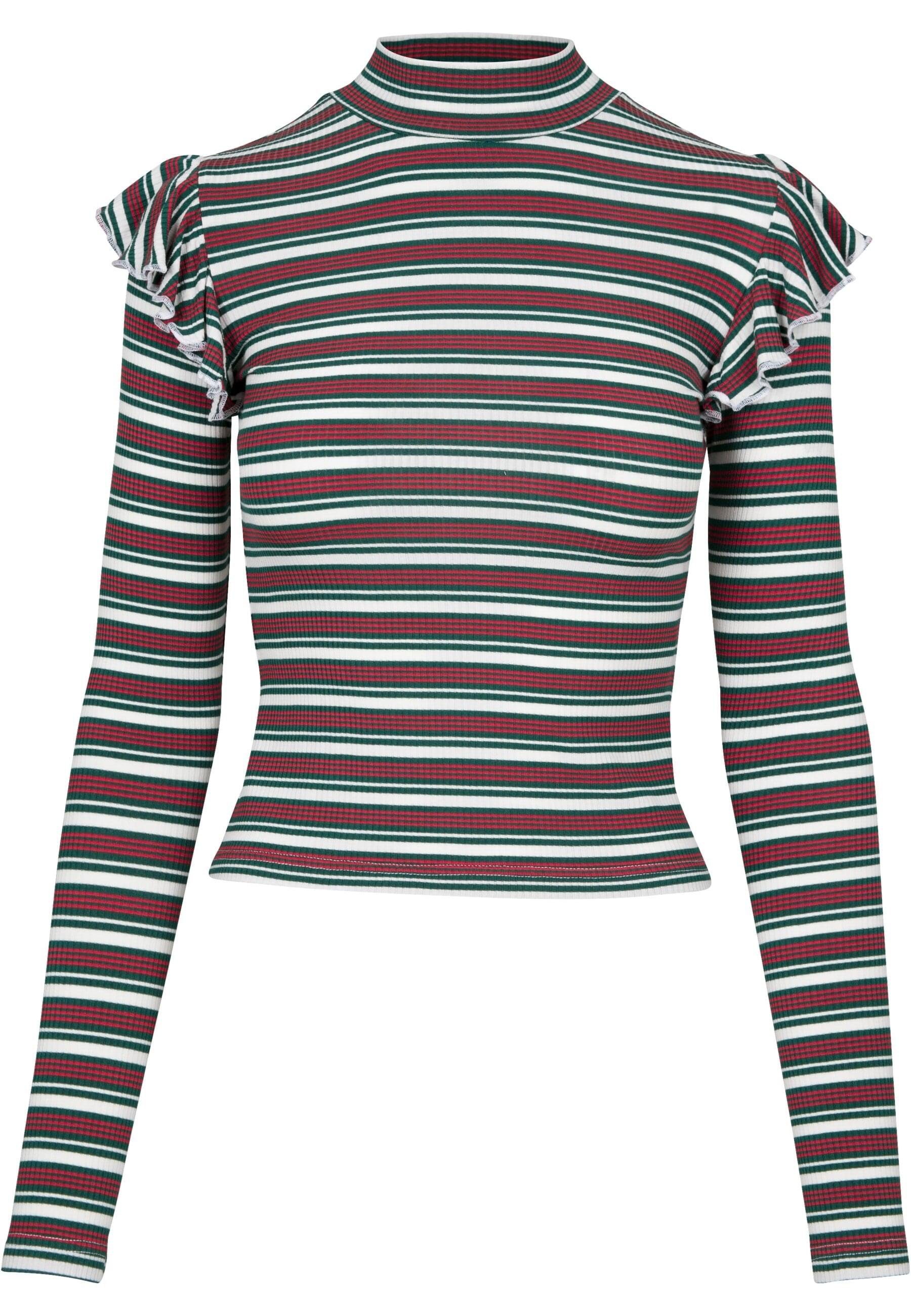 Turtleneck Damen Ladies (1-tlg) CLASSICS white/green/firered Rib Volant URBAN T-Shirt L/S Striped