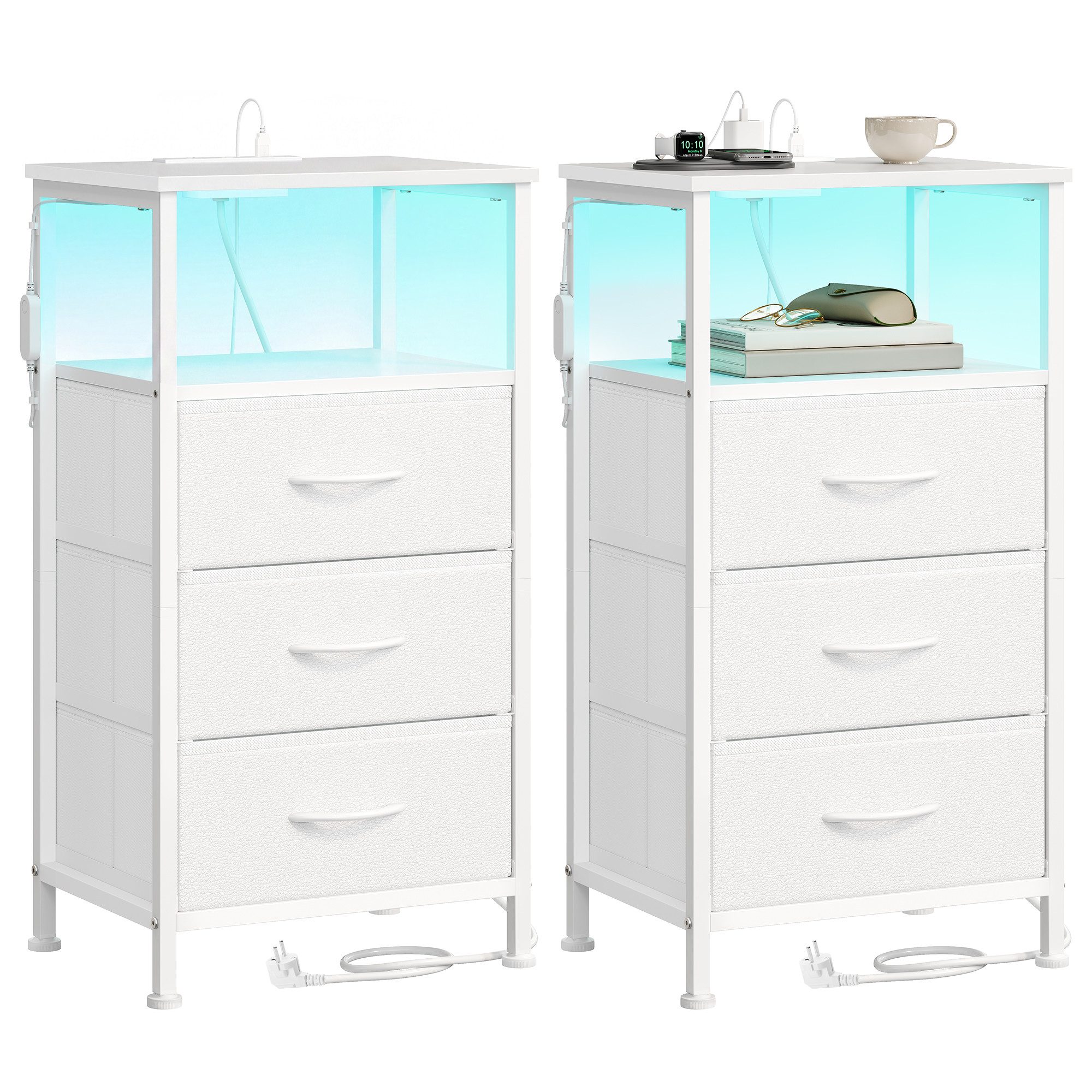 SONGMICS Nachttisch Beistelltisch 1/2er Set Nachtschrank mit LED und Ladefunktion, mit 3 Schubladen, 39,6 x 30 x 75,9 cm, für Schlafzimmer, Beistelltisch