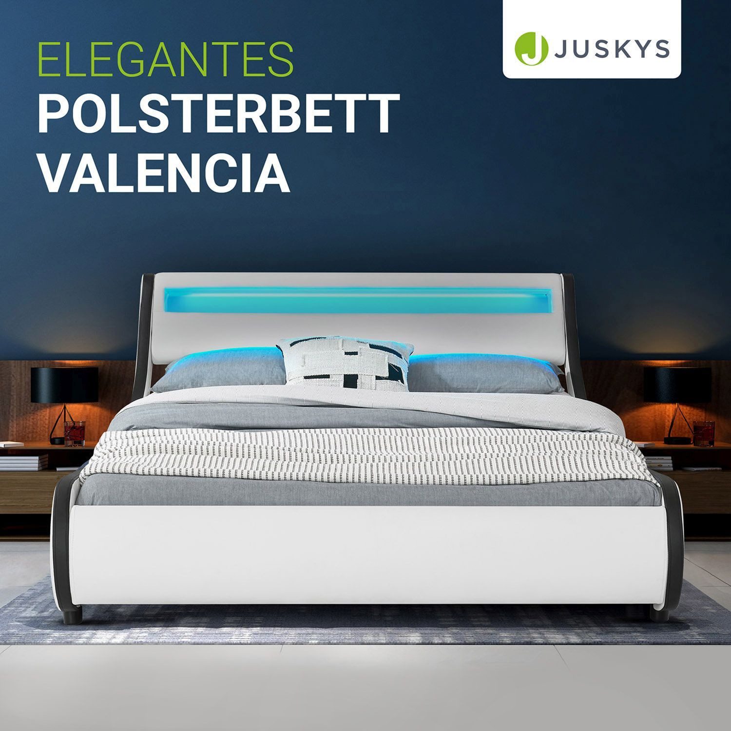 Juskys Polsterbett Valencia, 140 x 200 cm, Doppelbett mit Lattenrost, LED-Beleuchtung und Fernbedienung