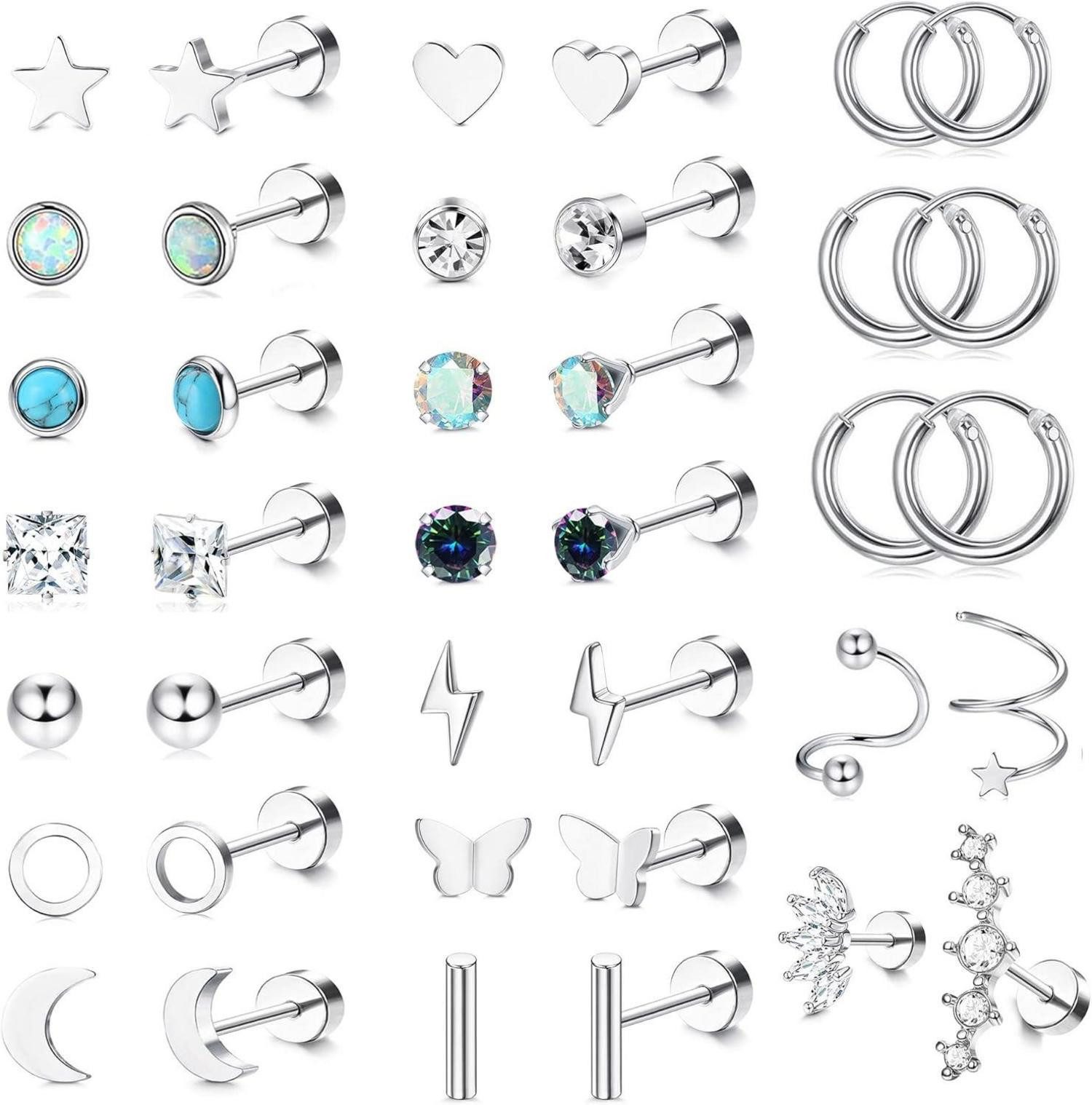 Schmuckset 19 Paar Kleine Ohrstecker Damen Set Chirurgenstahl Zirkonia Piercing